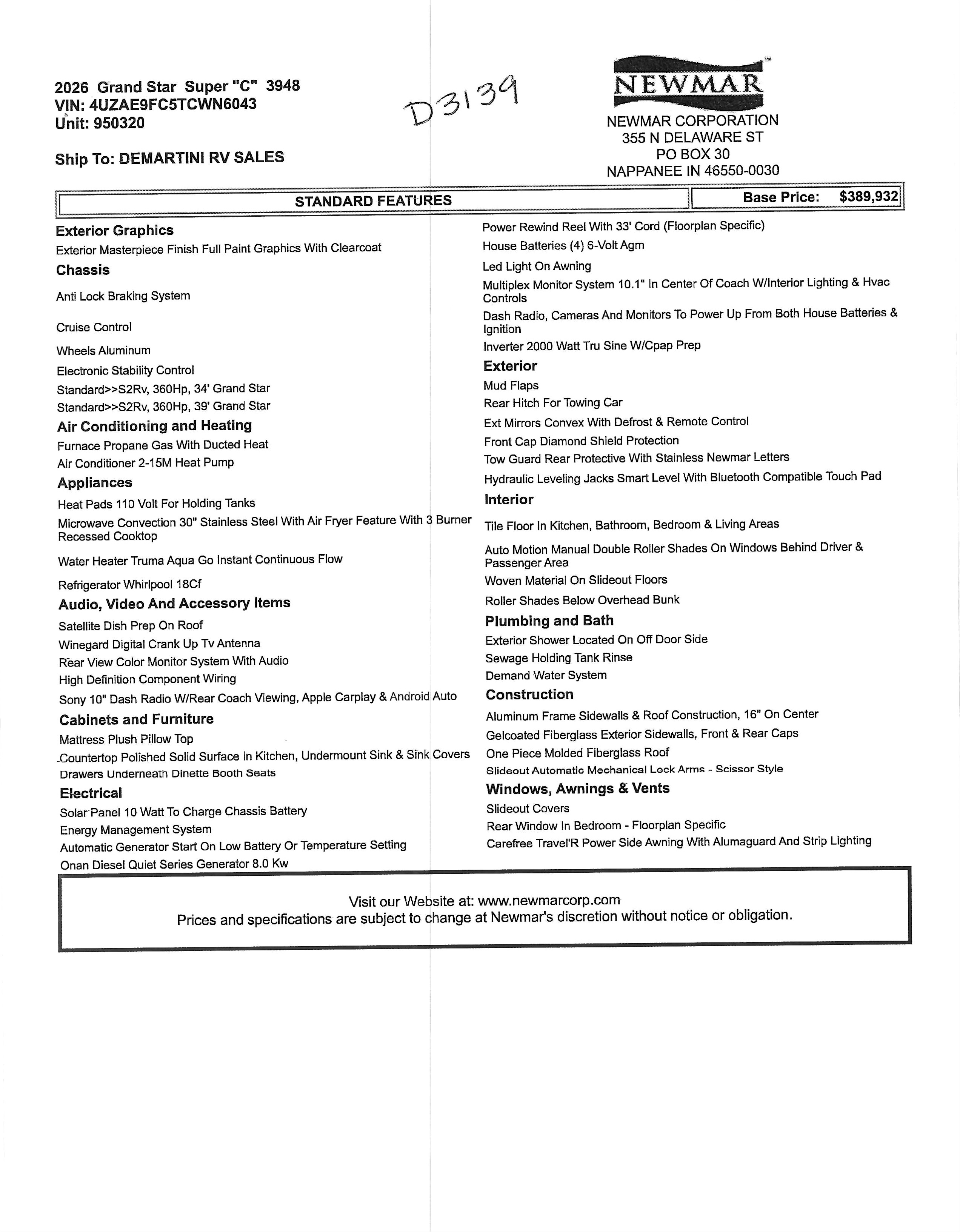 2026 Newmar Grand Star 3948 MSRP Sheet