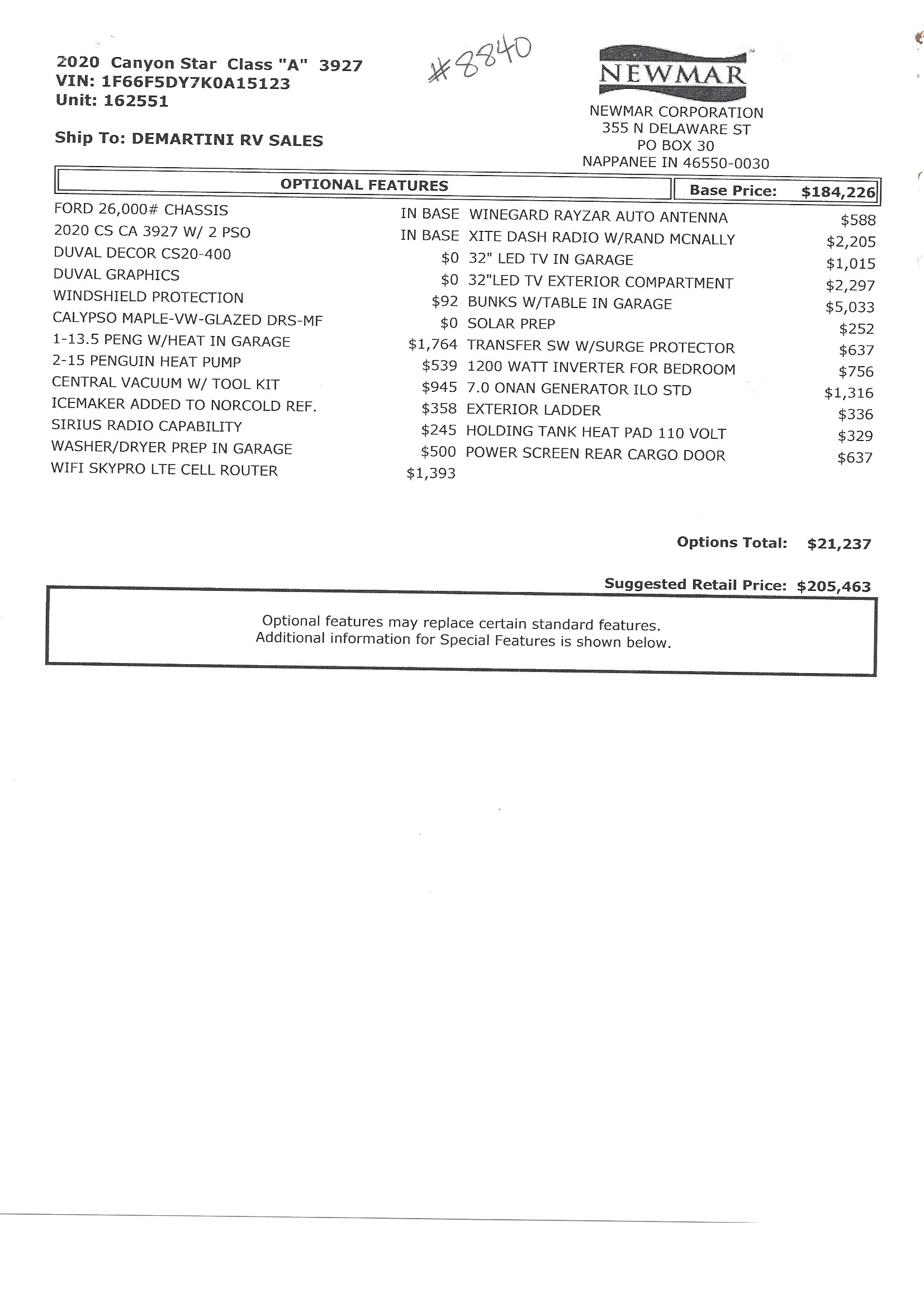 2020 Newmar Canyon Star 3927 MSRP Sheet