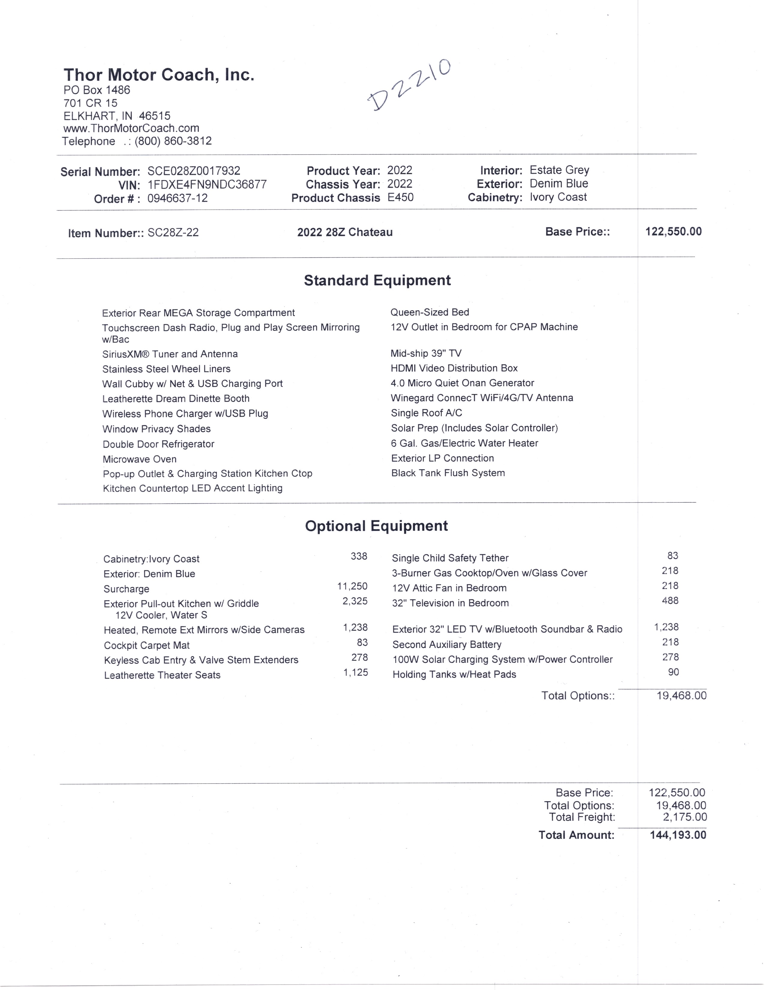 2022 Thor Chateau 28Z MSRP Sheet