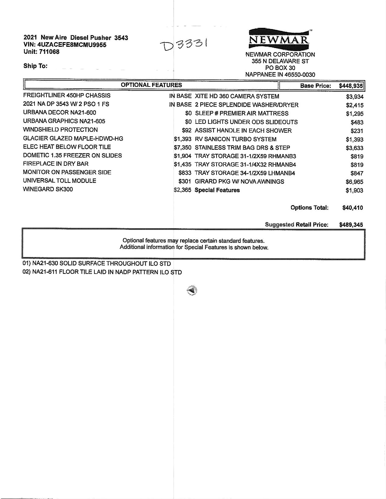 2021 Newmar New Aire 3543 MSRP Sheet