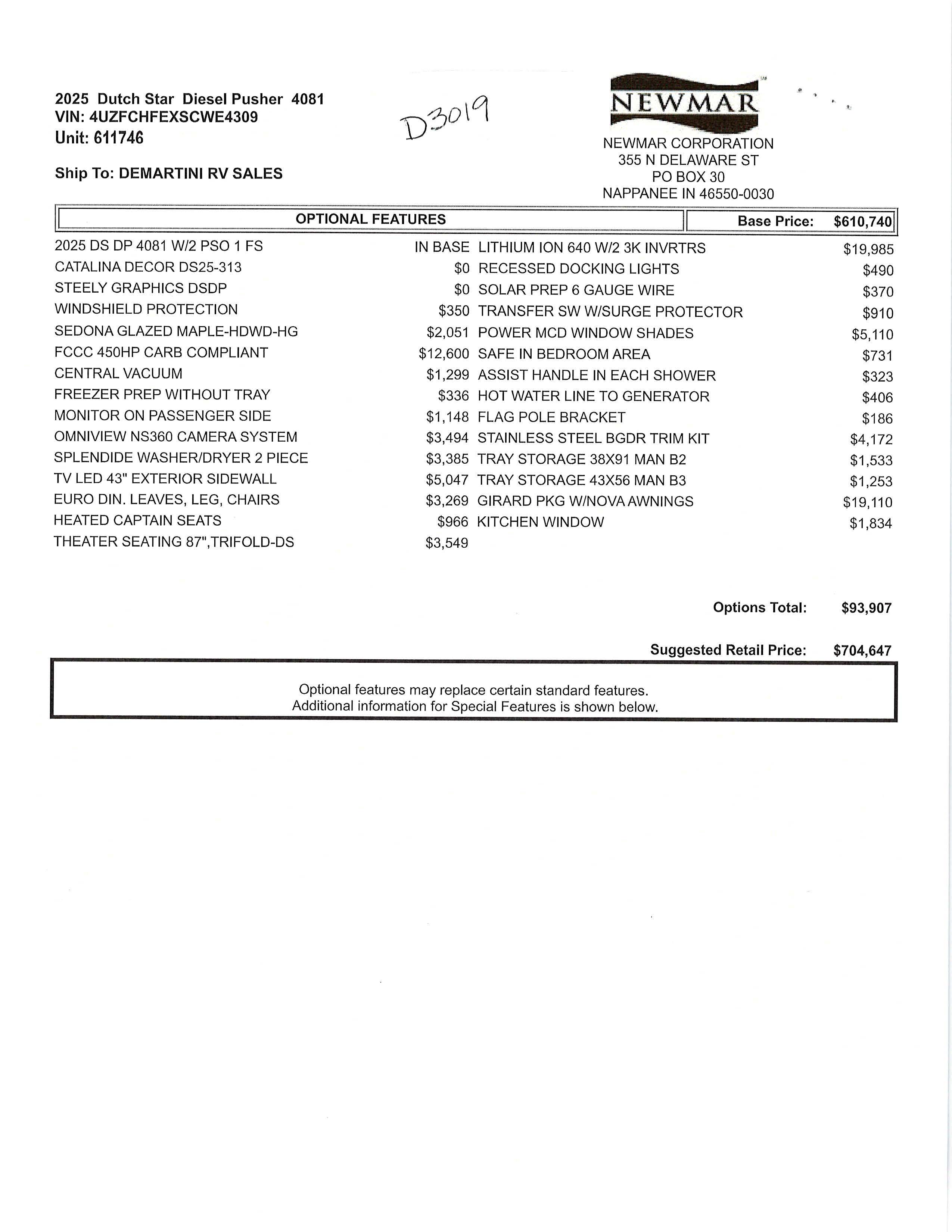 2025 Newmar Dutch Star 4081 MSRP Sheet