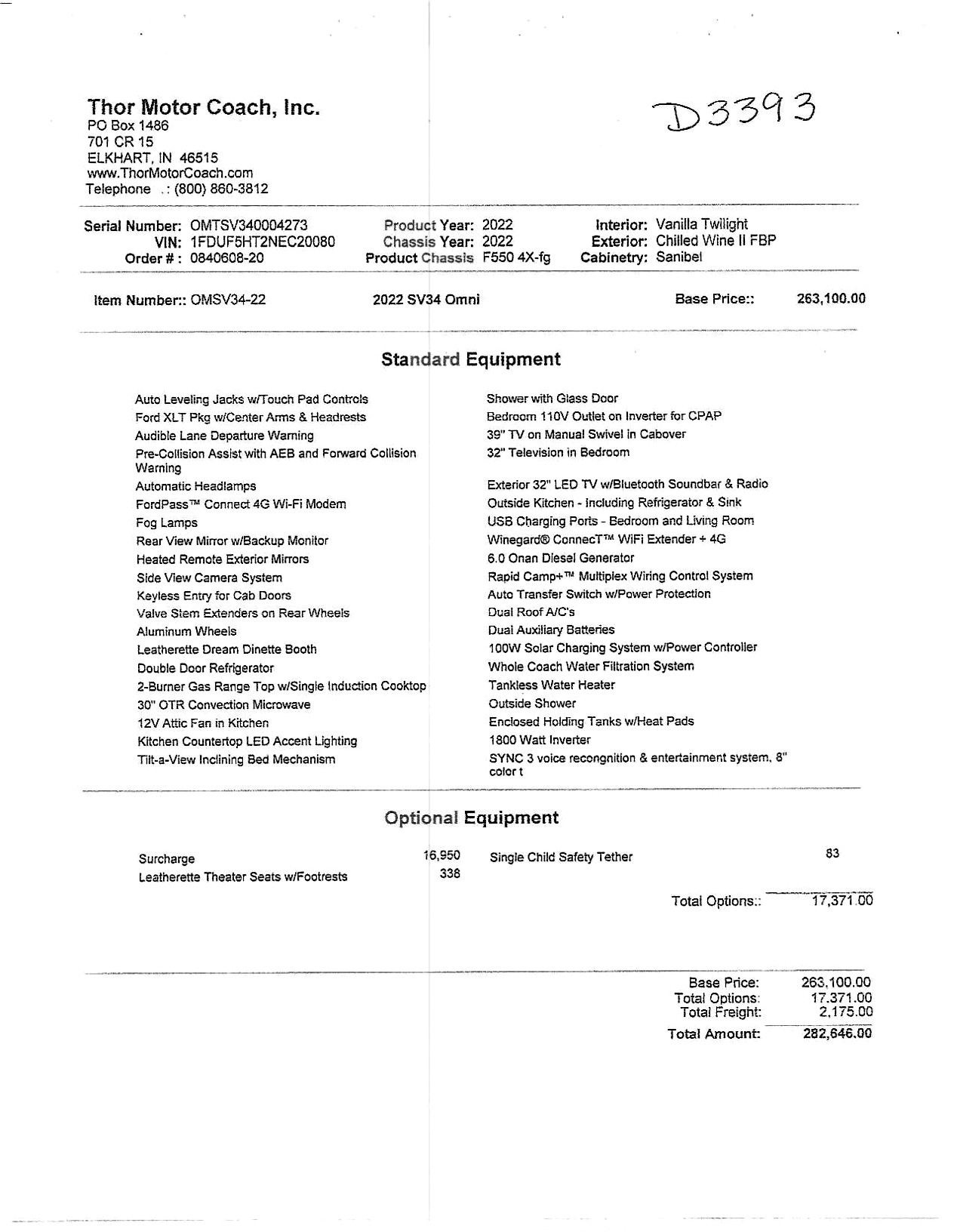 2022 Thor Omni SV34 MSRP Sheet