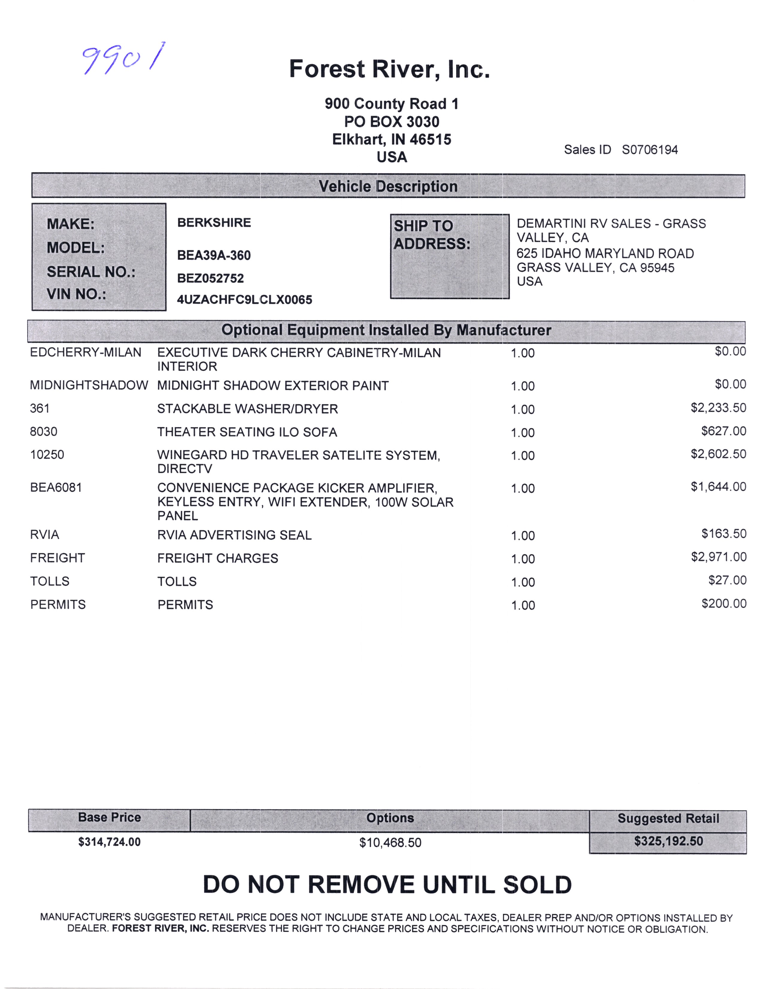2020 Forest River Berkshire 39A MSRP Sheet