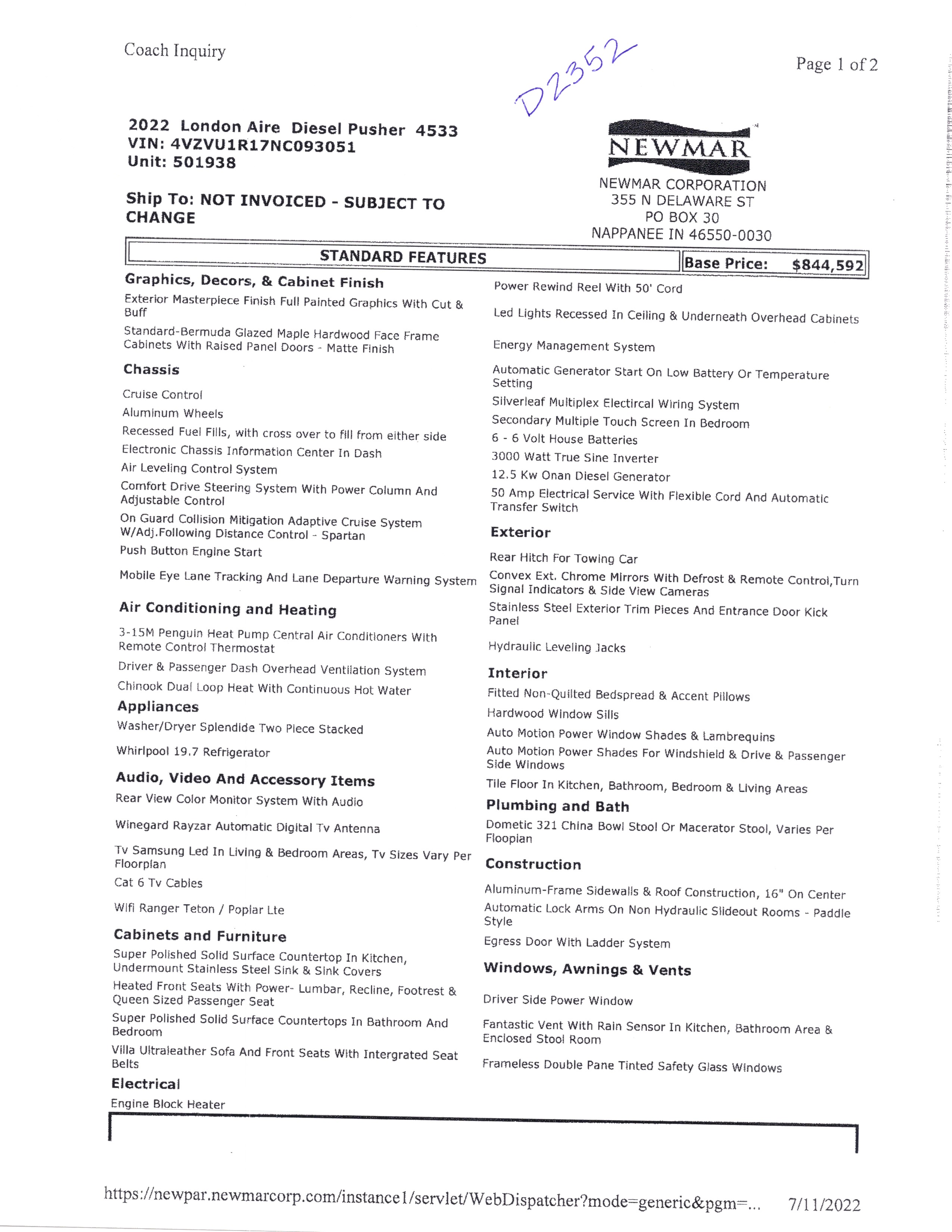 2022 Newmar London Aire 4533 MSRP Sheet