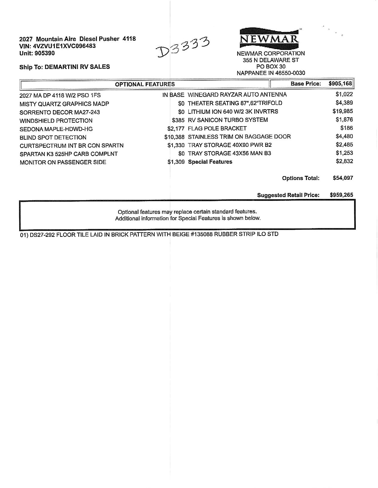 2027 Newmar Mountain Aire 4118 MSRP Sheet