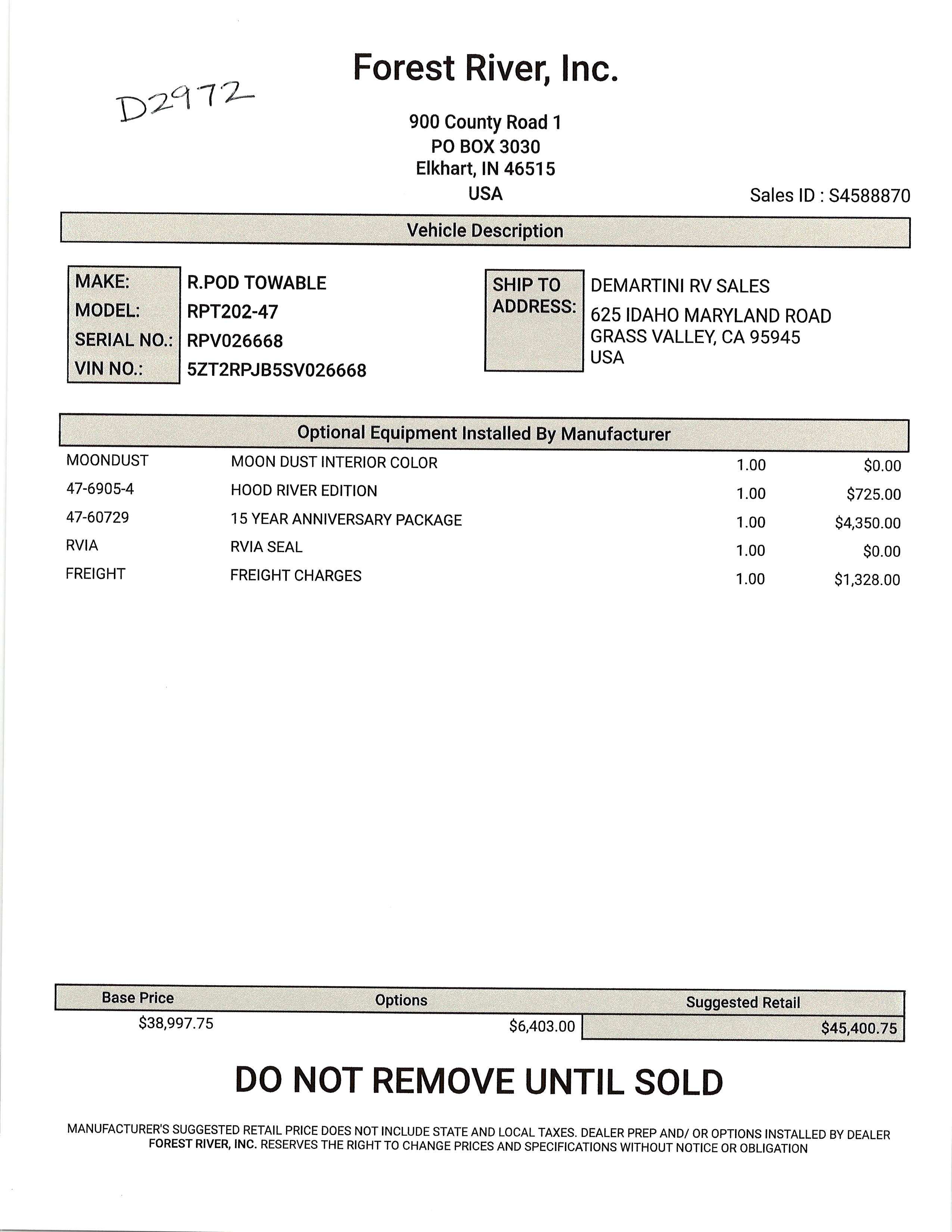 2025 Forest River R-Pod 202 MSRP Sheet