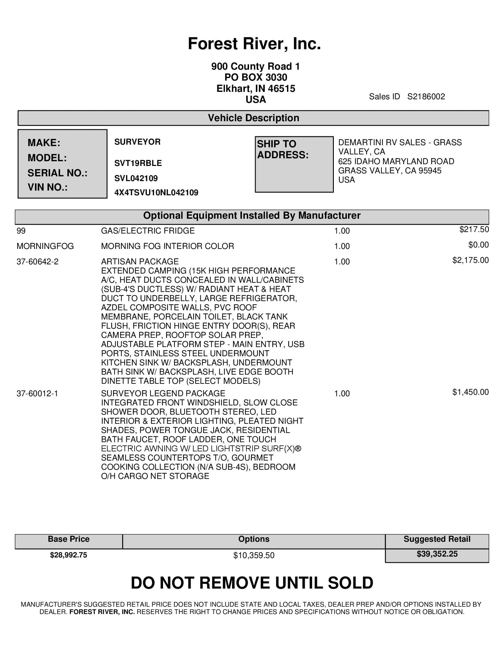 2022 Forest River Surveyor Legend 19RBLE MSRP Sheet