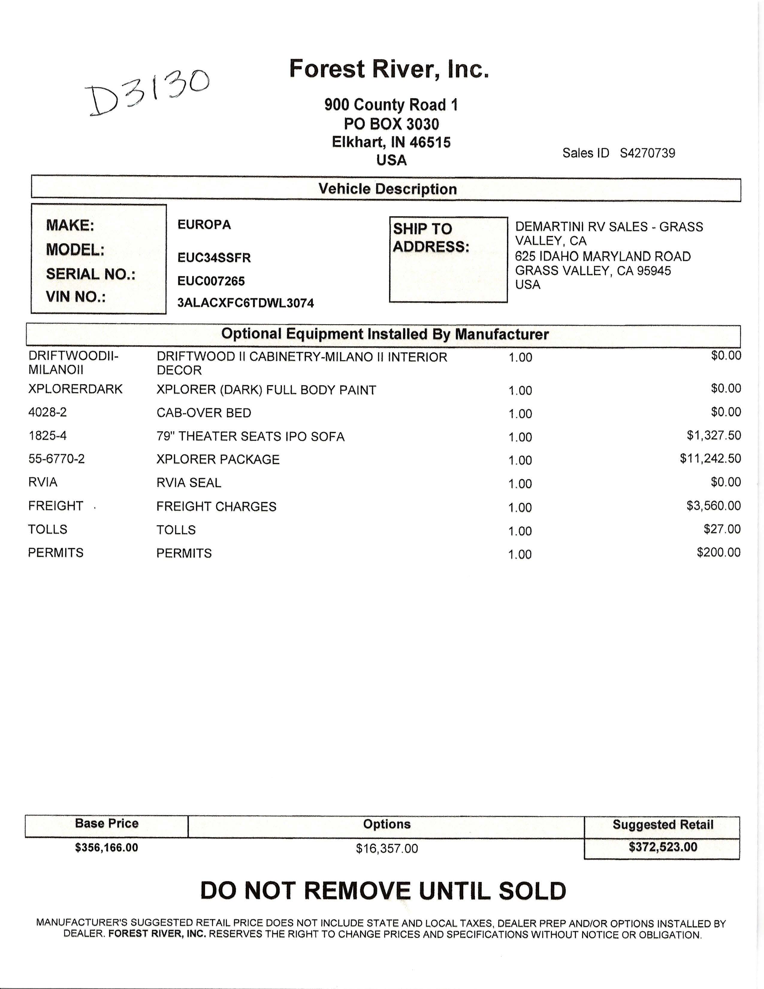 2026 Dynamax Europa 34SS with Xplorer Package MSRP Sheet
