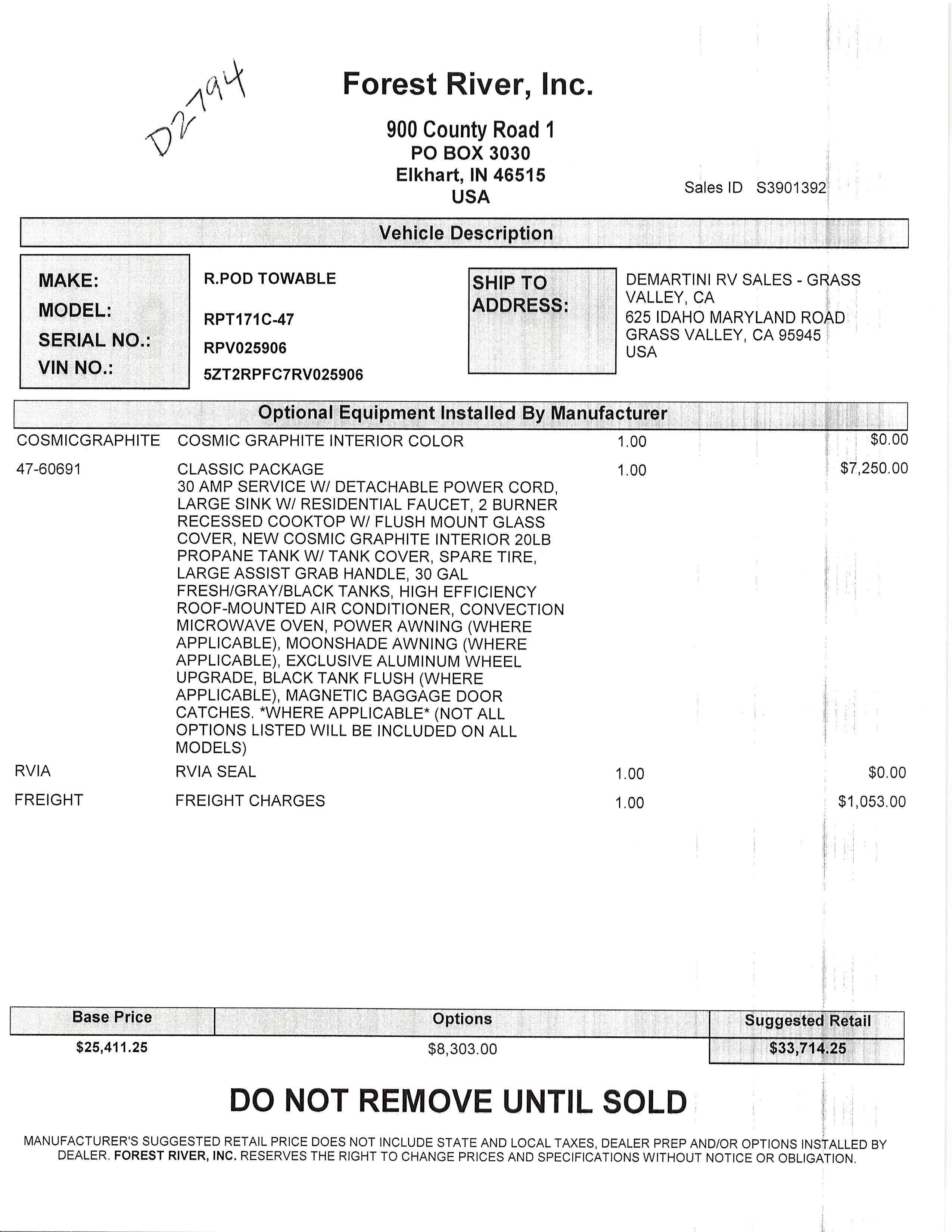 2024 Forest River R-Pod Classic 171C MSRP Sheet