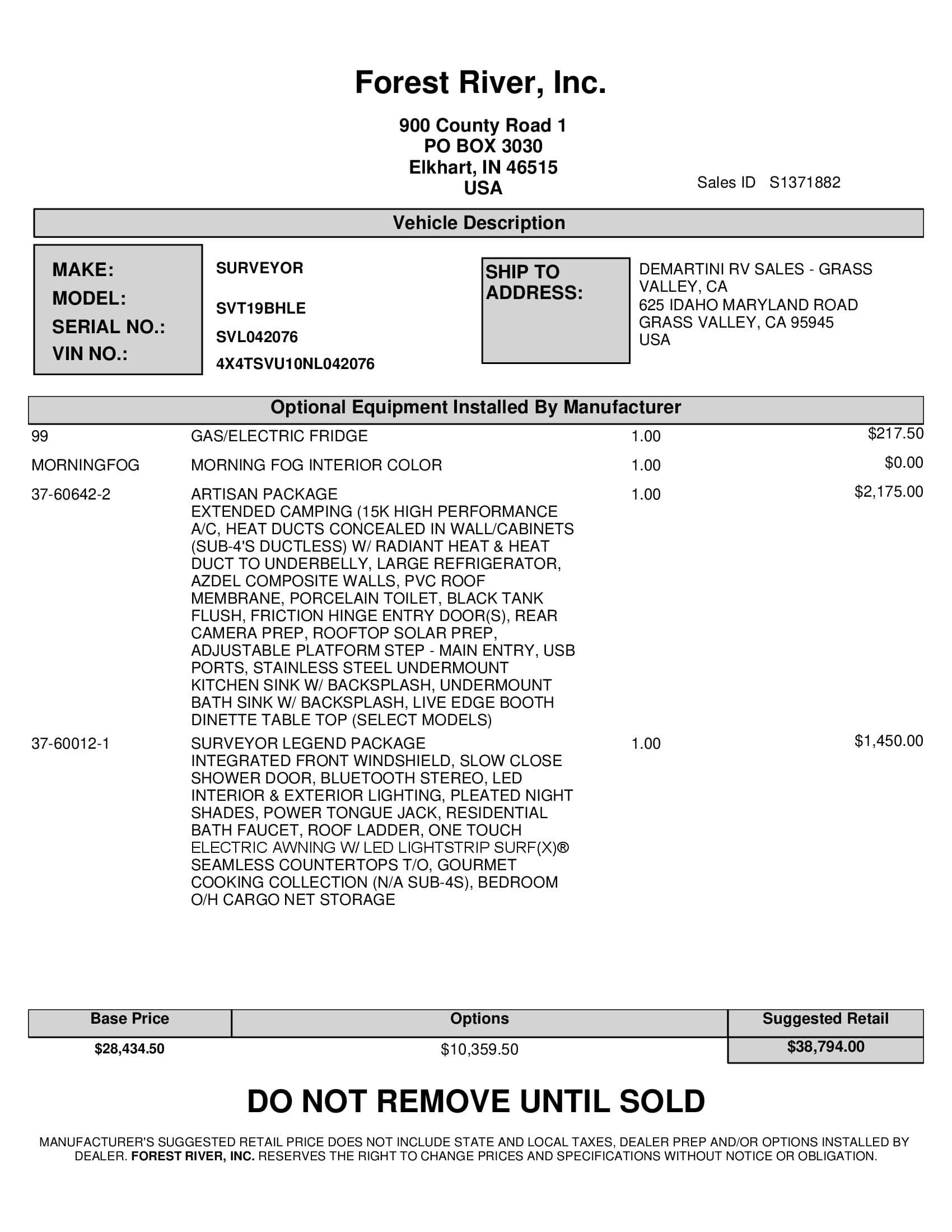 2022 Forest River Surveyor Legend 19BHLE MSRP Sheet