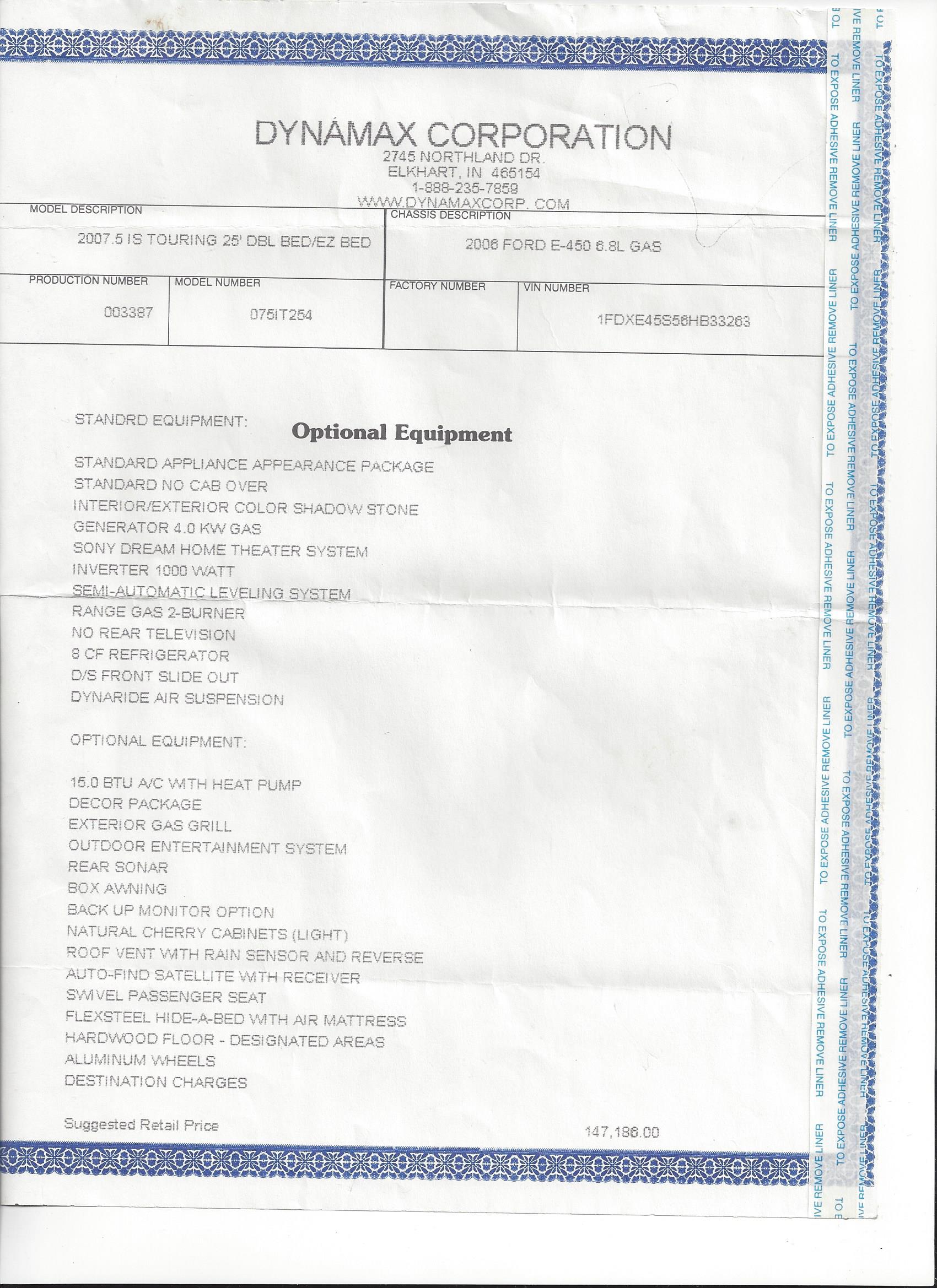 2007 Dynamax Isata 254 MSRP Sheet