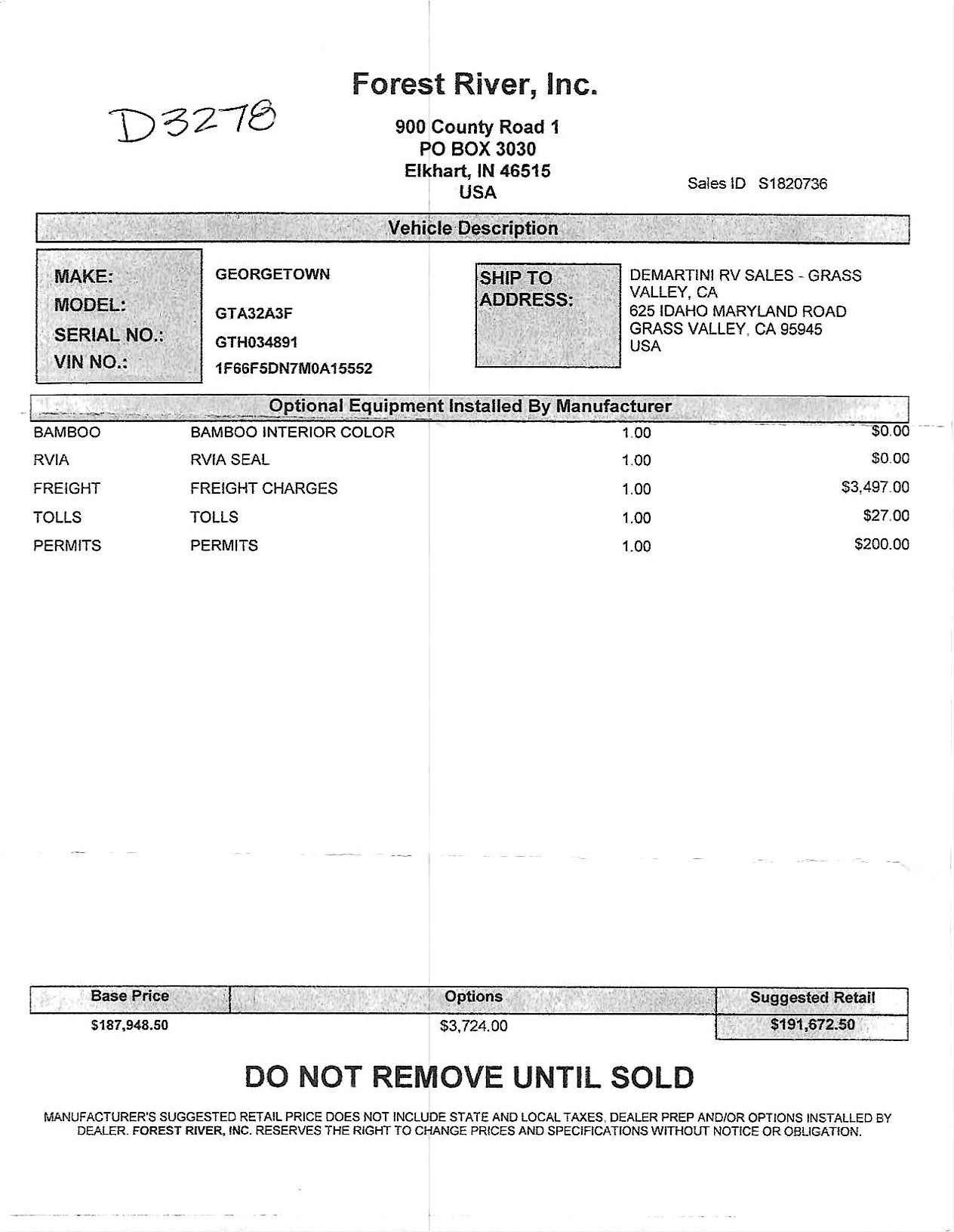 2022 Forest River Georgetown GT3 32A MSRP Sheet