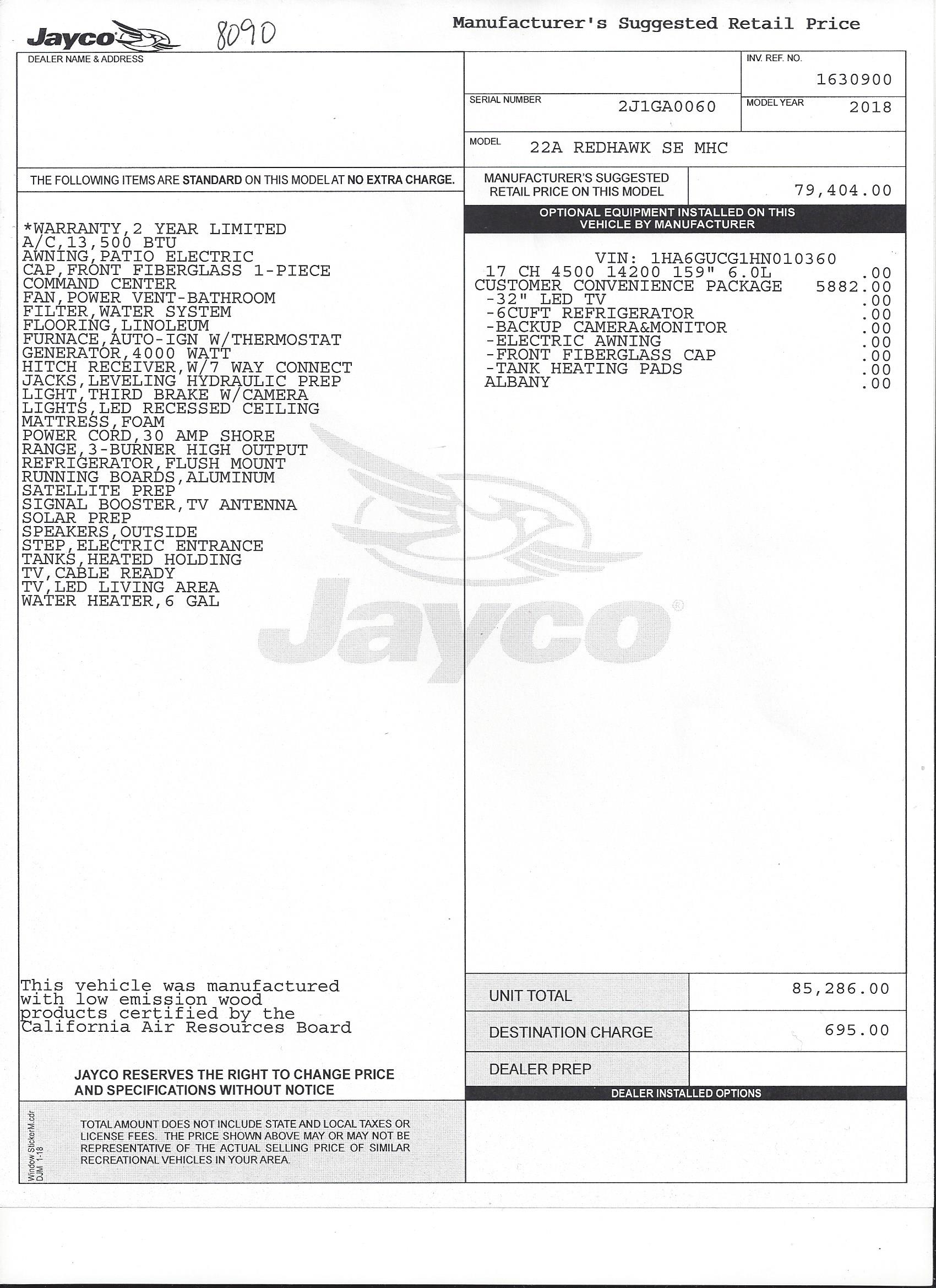 2018 Jayco Redhawk SE 22A MSRP Sheet