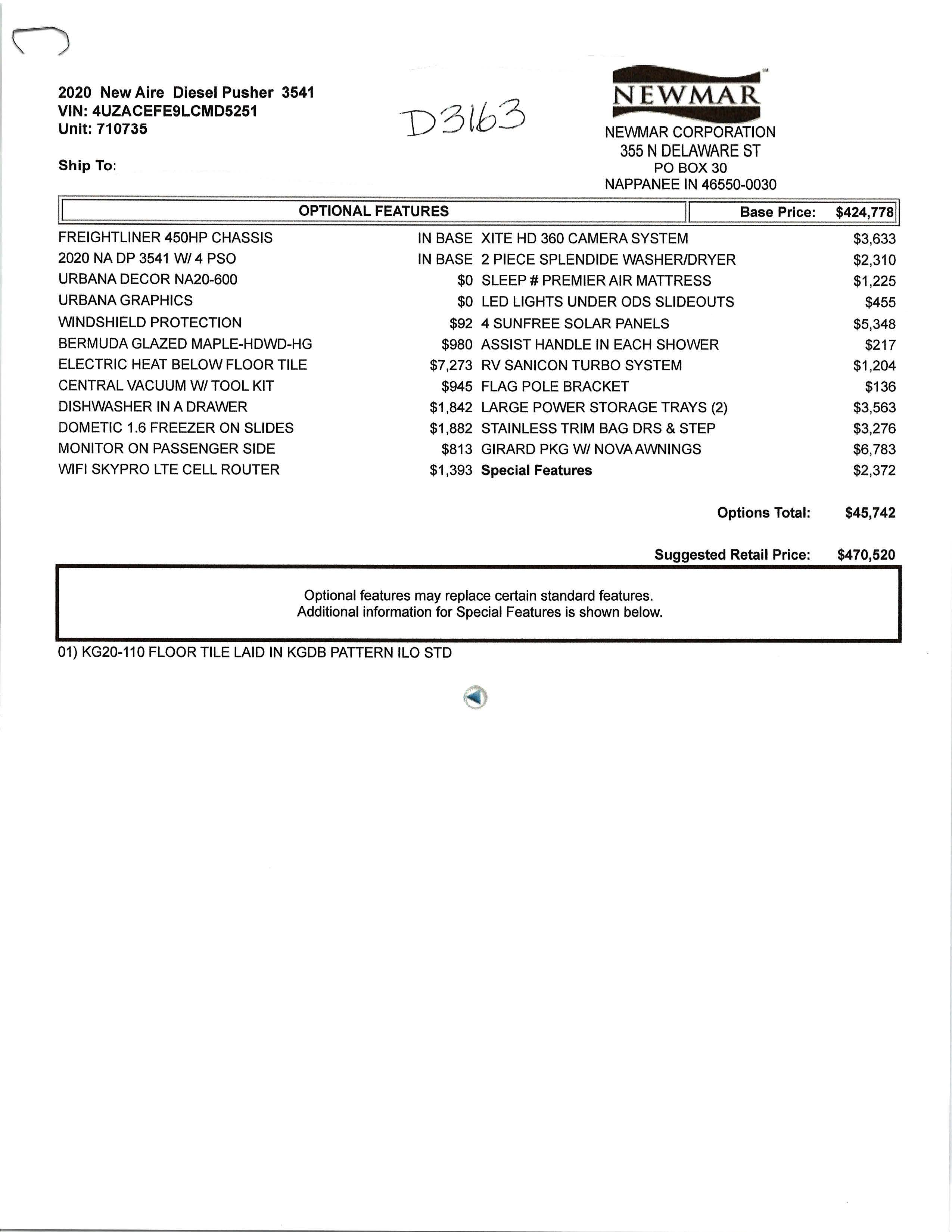 2020 Newmar New Aire 3541 MSRP Sheet