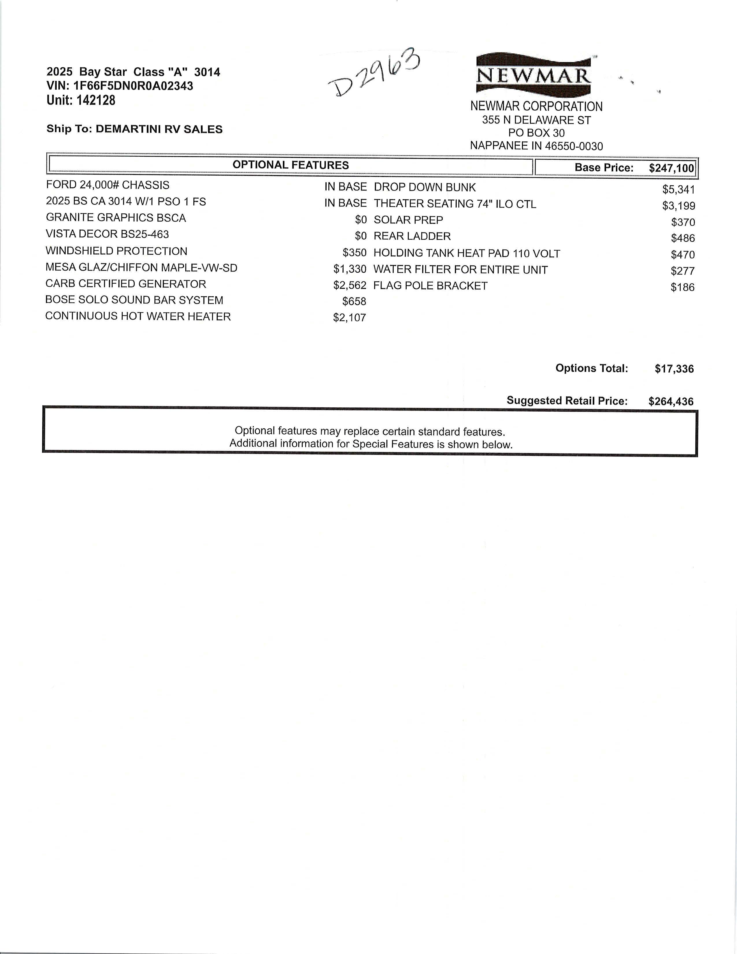 2025 Newmar Bay Star 3014 MSRP Sheet