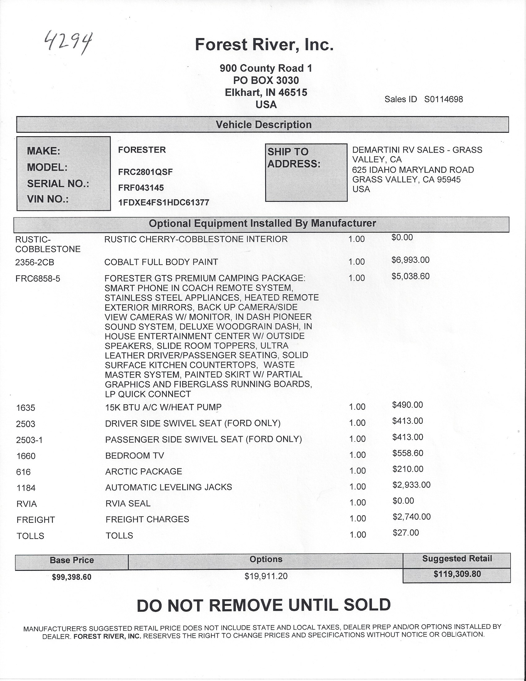 2018 Forest River Forester GTS 2801QS MSRP Sheet