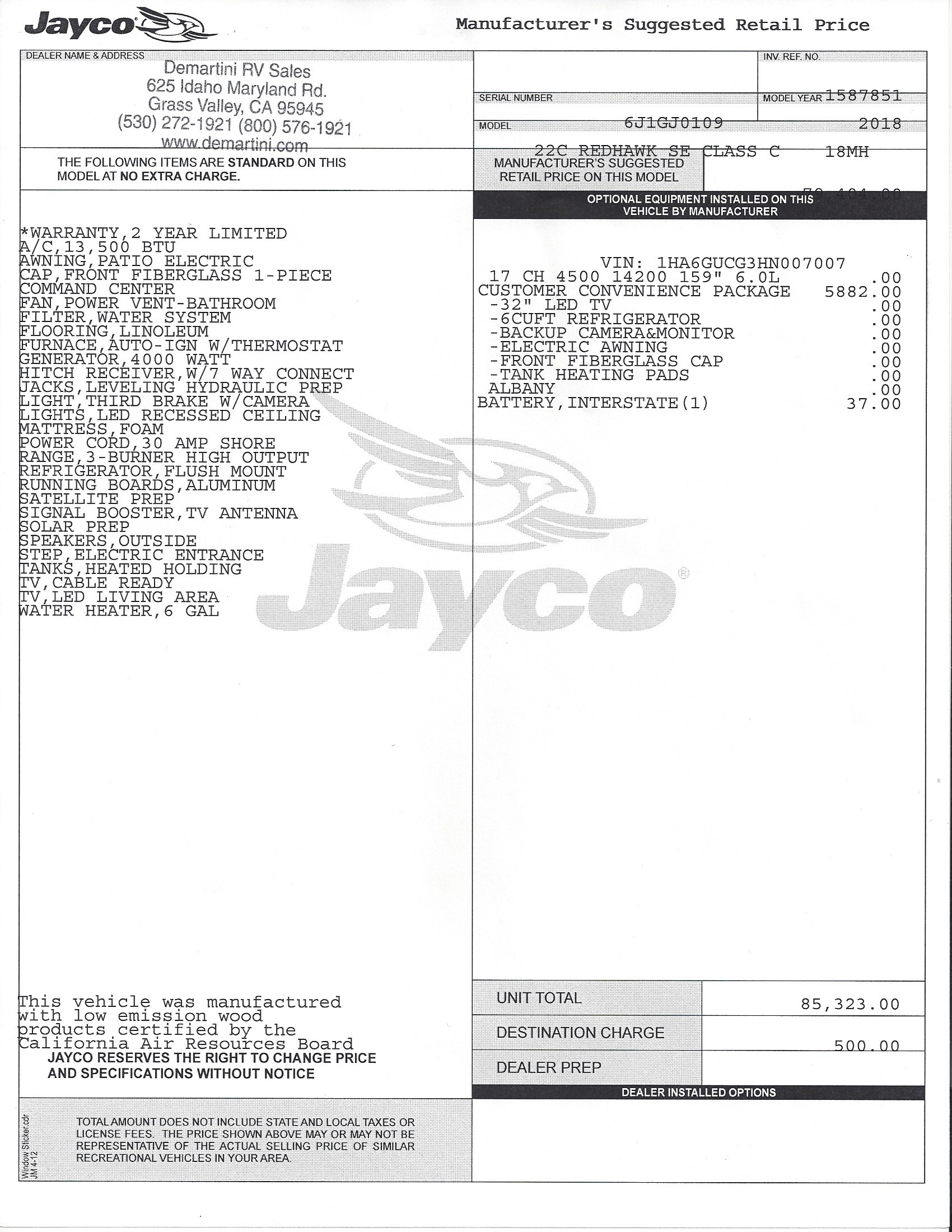 2018 Jayco Redhawk SE 22C MSRP Sheet