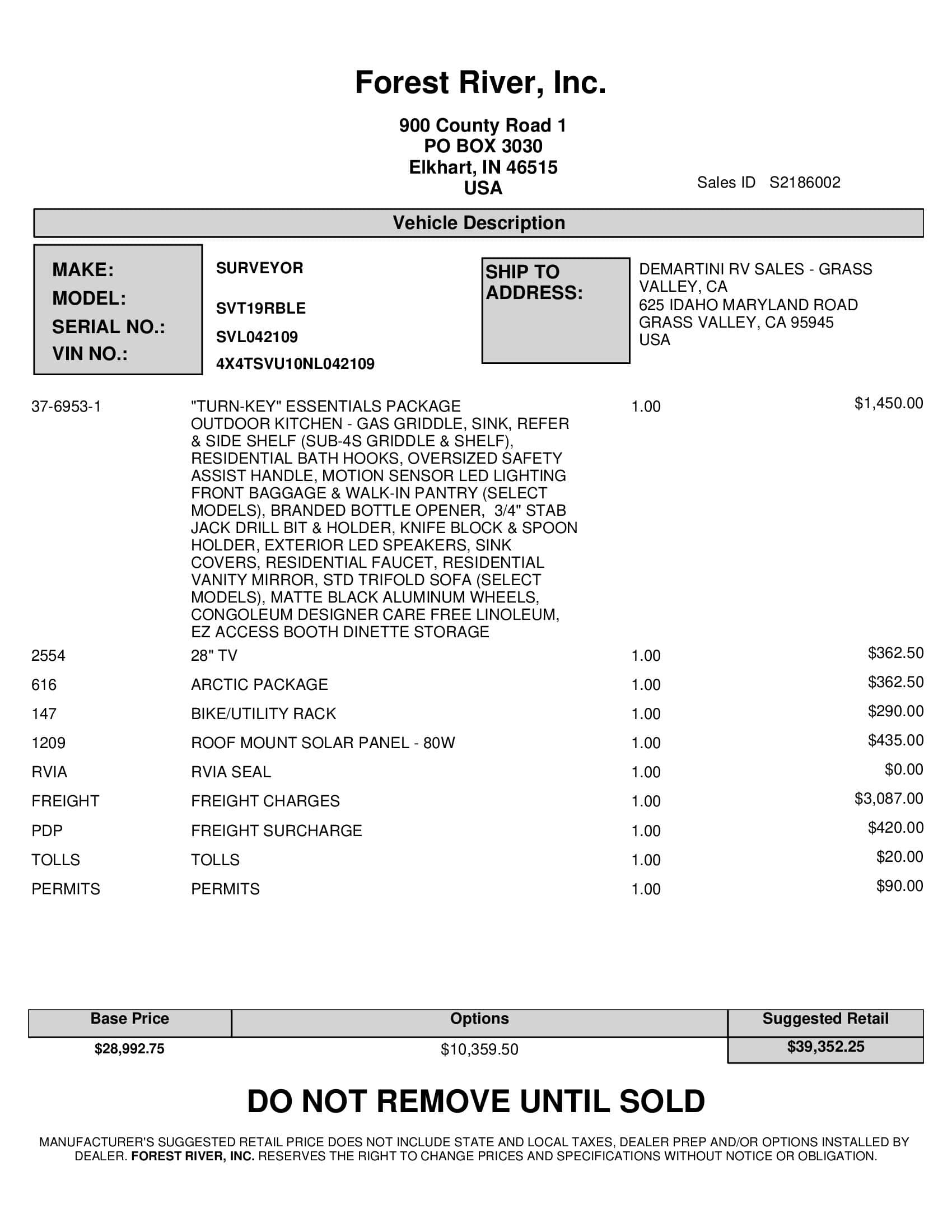 2022 Forest River Surveyor Legend 19RBLE MSRP Sheet