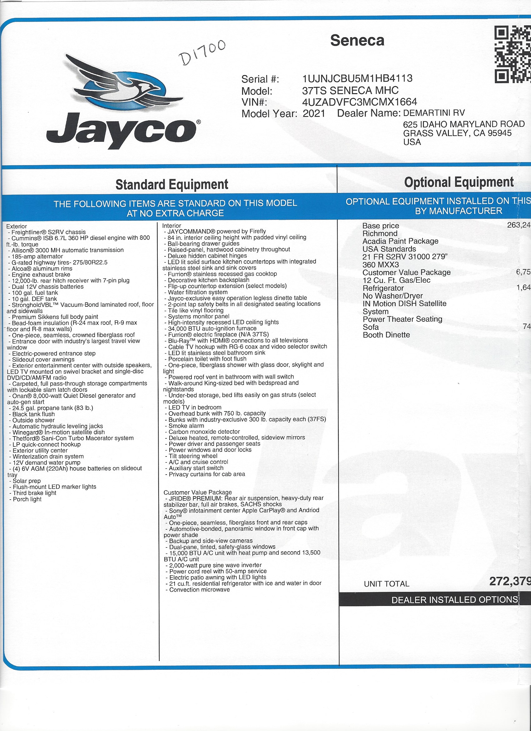 2021 Jayco Seneca 37TS MSRP Sheet