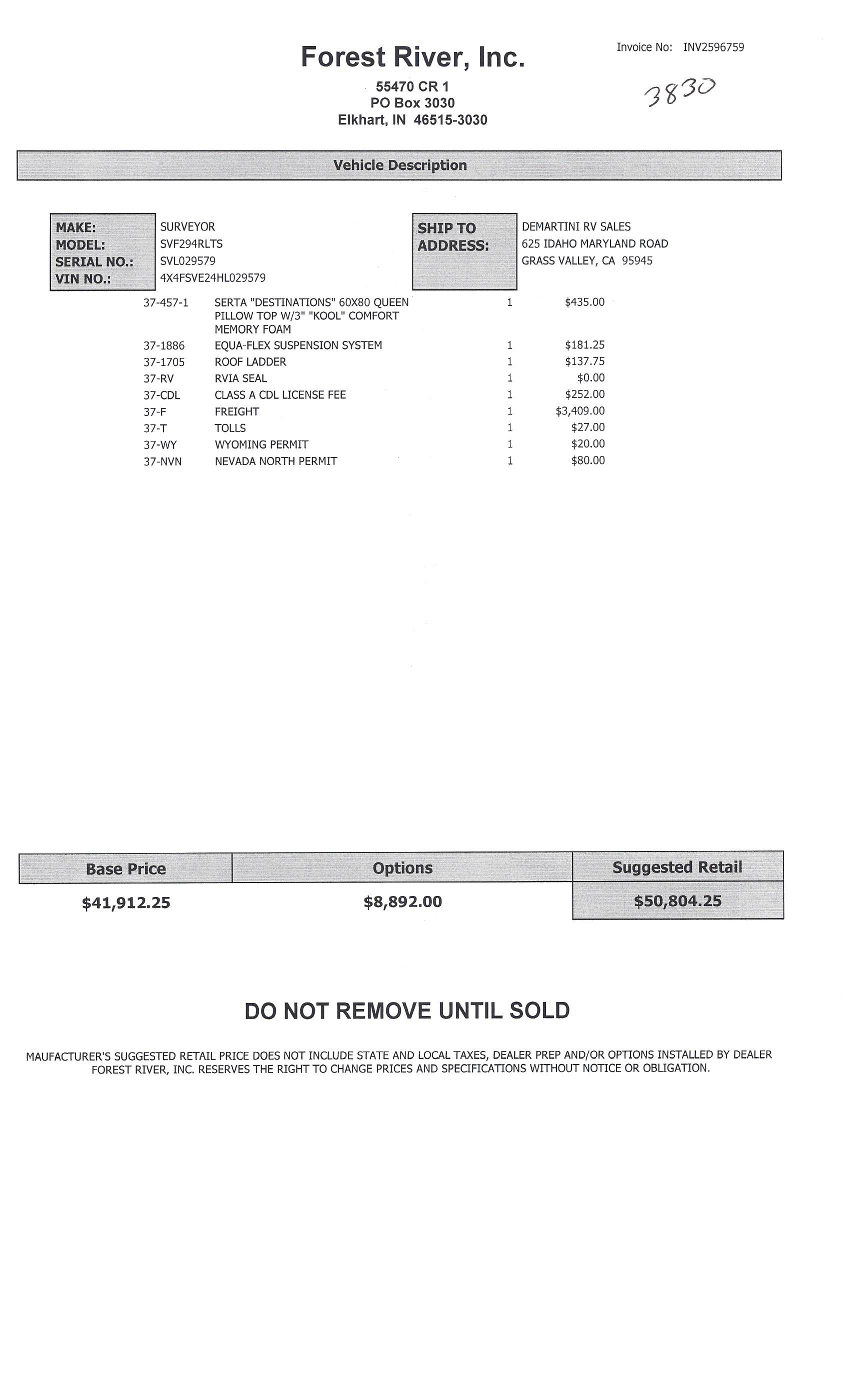 2017 Forest River Surveyor 294 MSRP Sheet