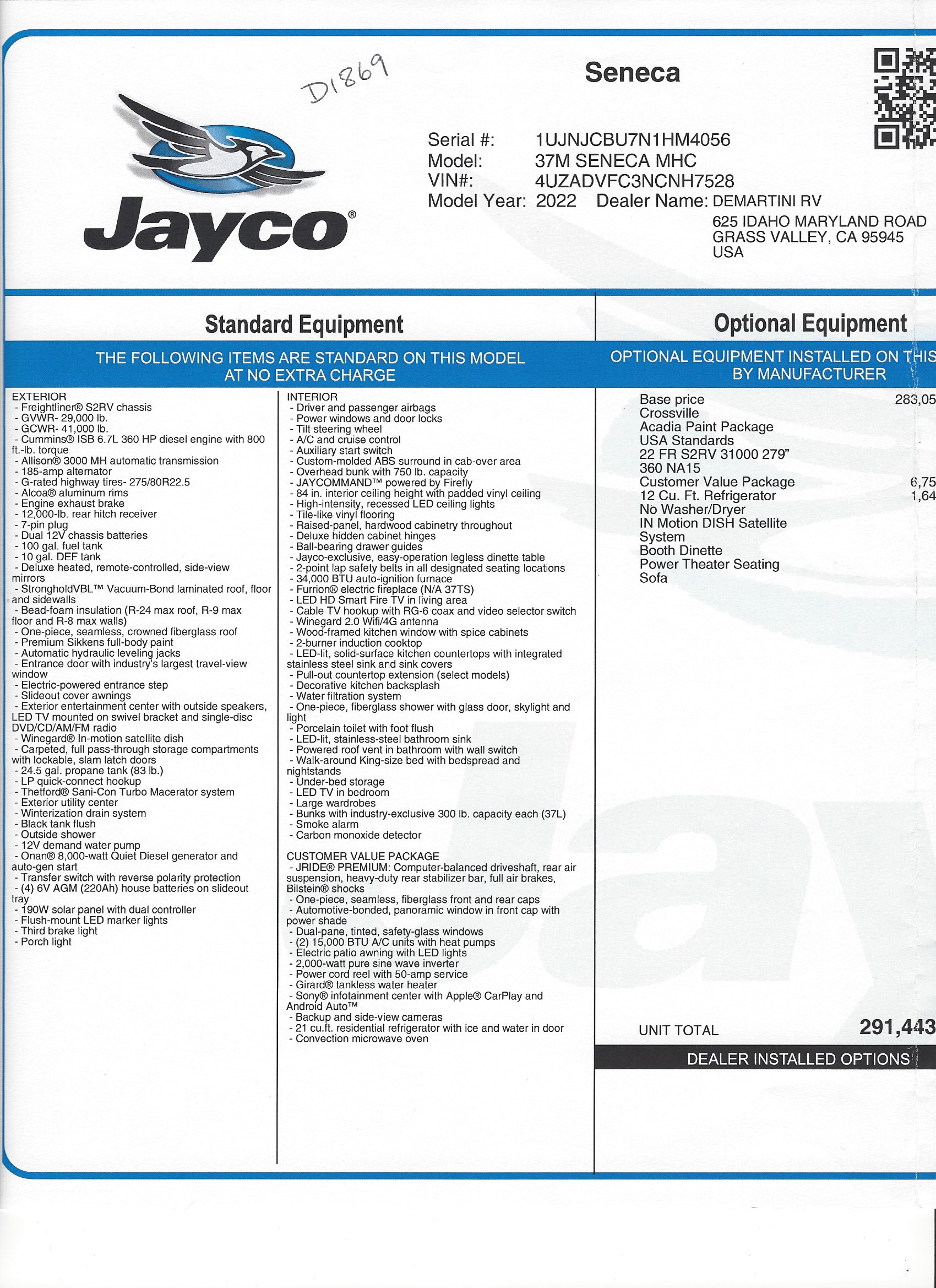 2022 Jayco Seneca 37M MSRP Sheet