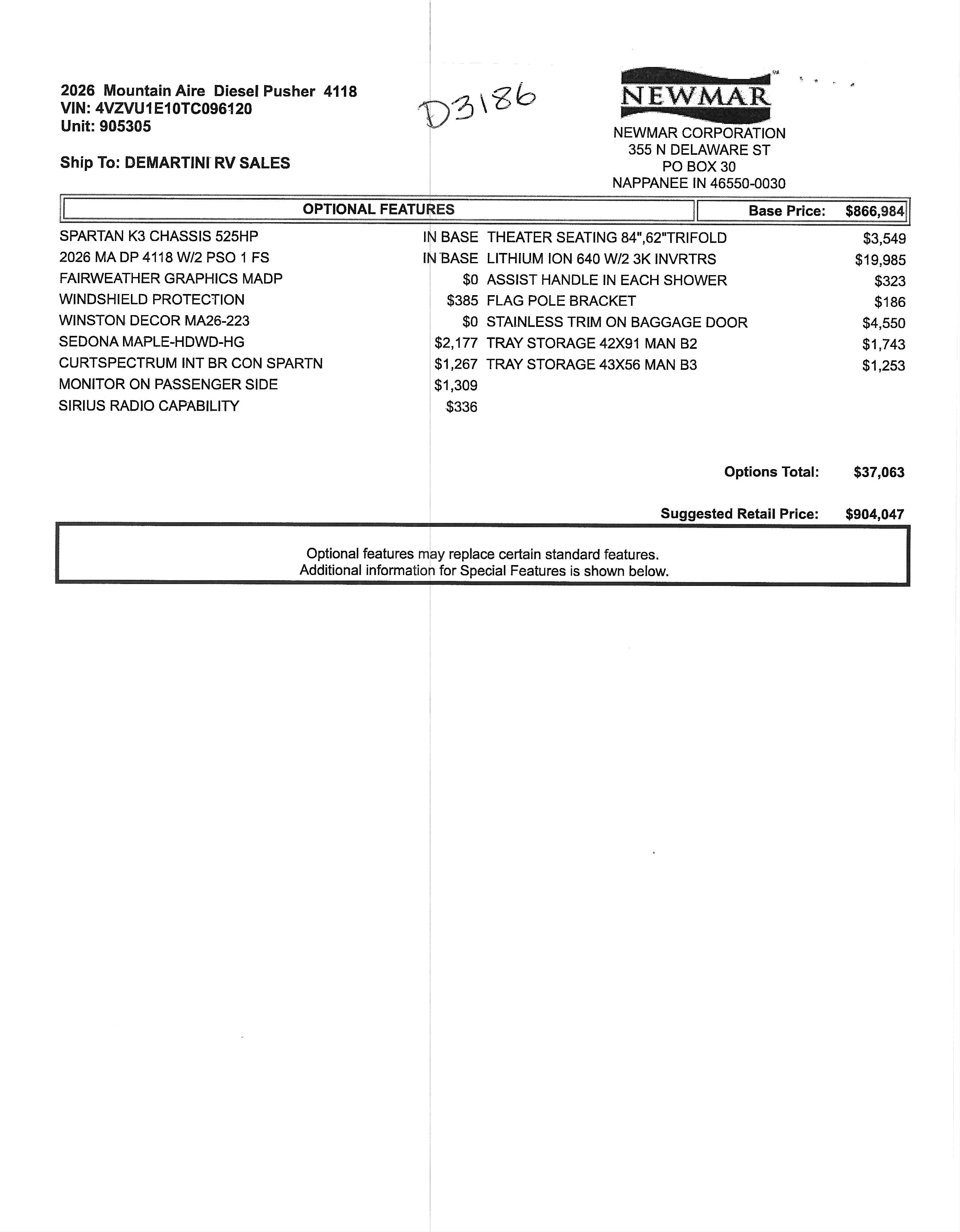 2016 Newmar Dutch Star 4002 MSRP Sheet