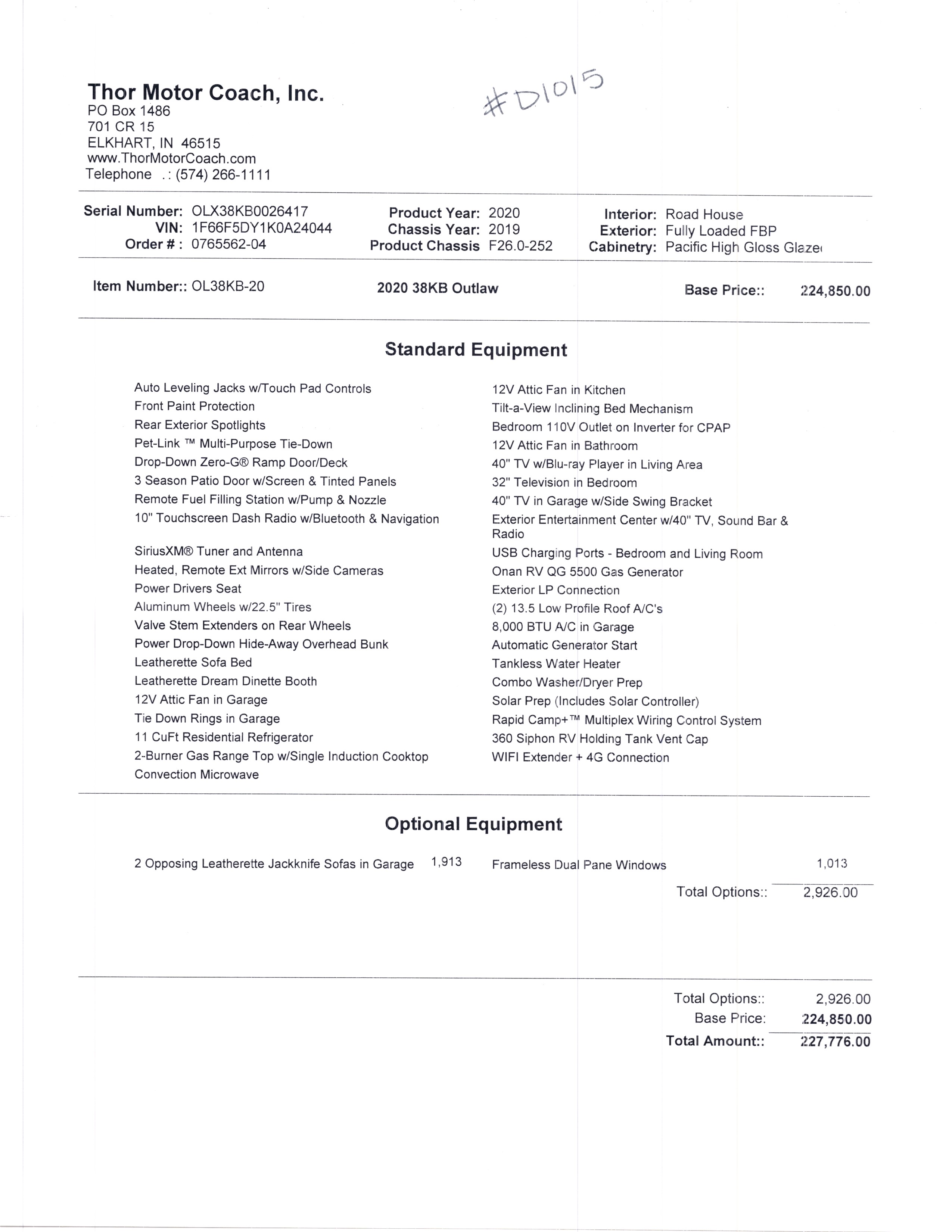 2020 Thor Outlaw 38KB MSRP Sheet