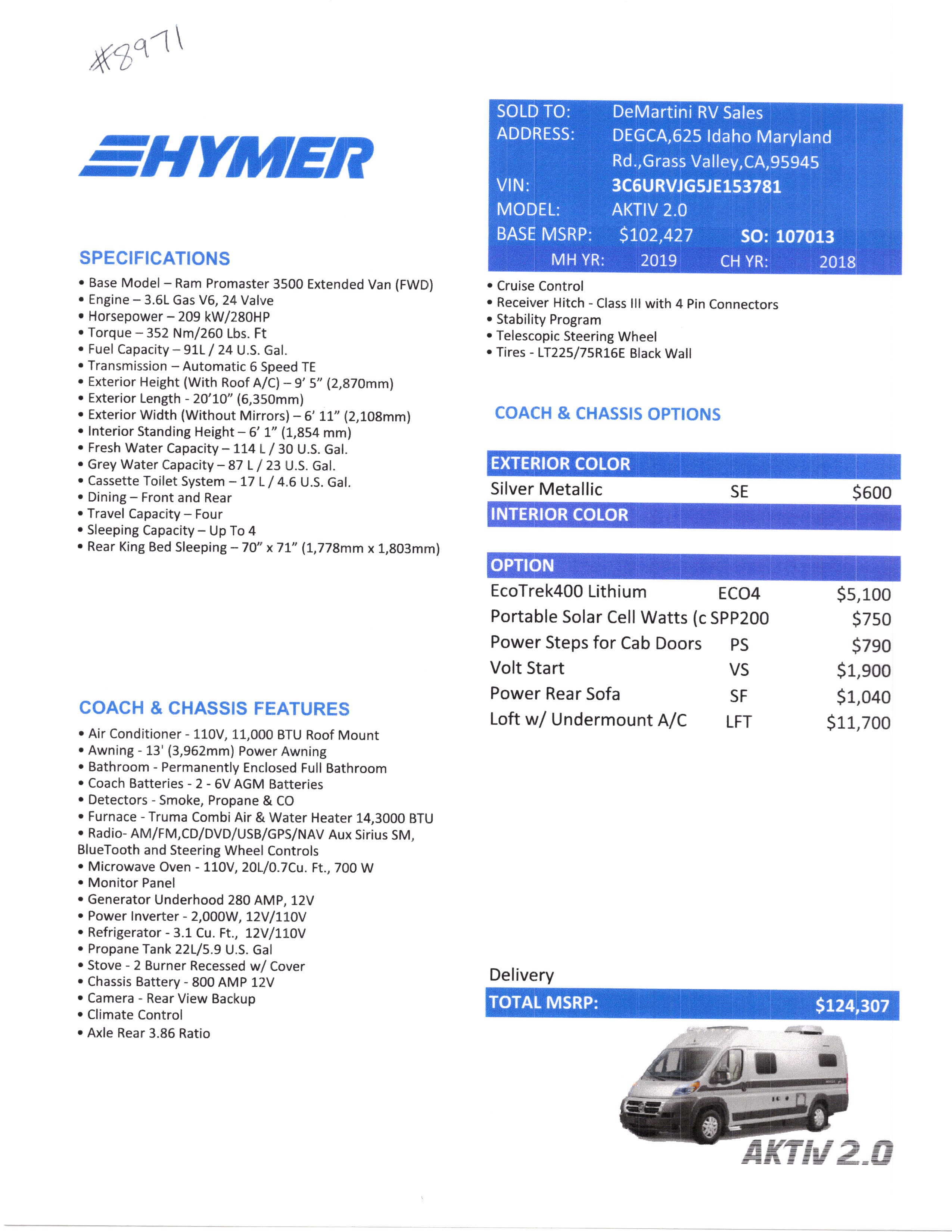 2019 Erwin Hymer Aktiv 2.0 Loft MSRP Sheet