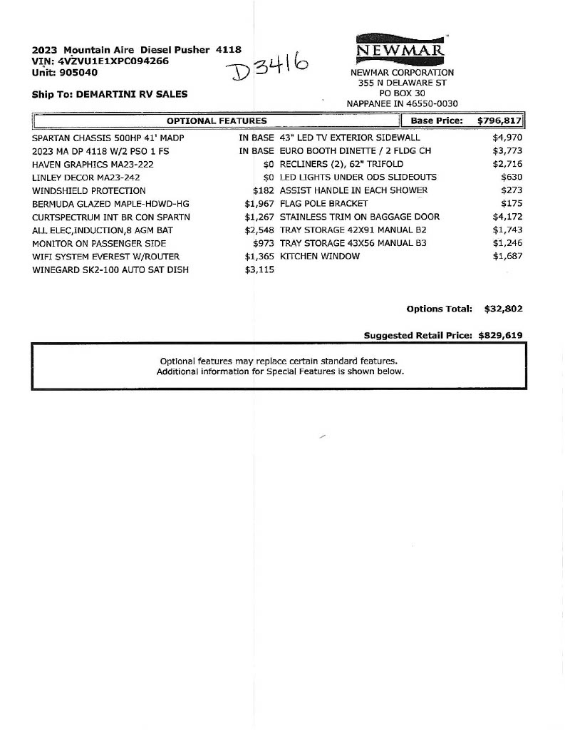 2023 Newmar Mountain Aire 4118 MSRP Sheet