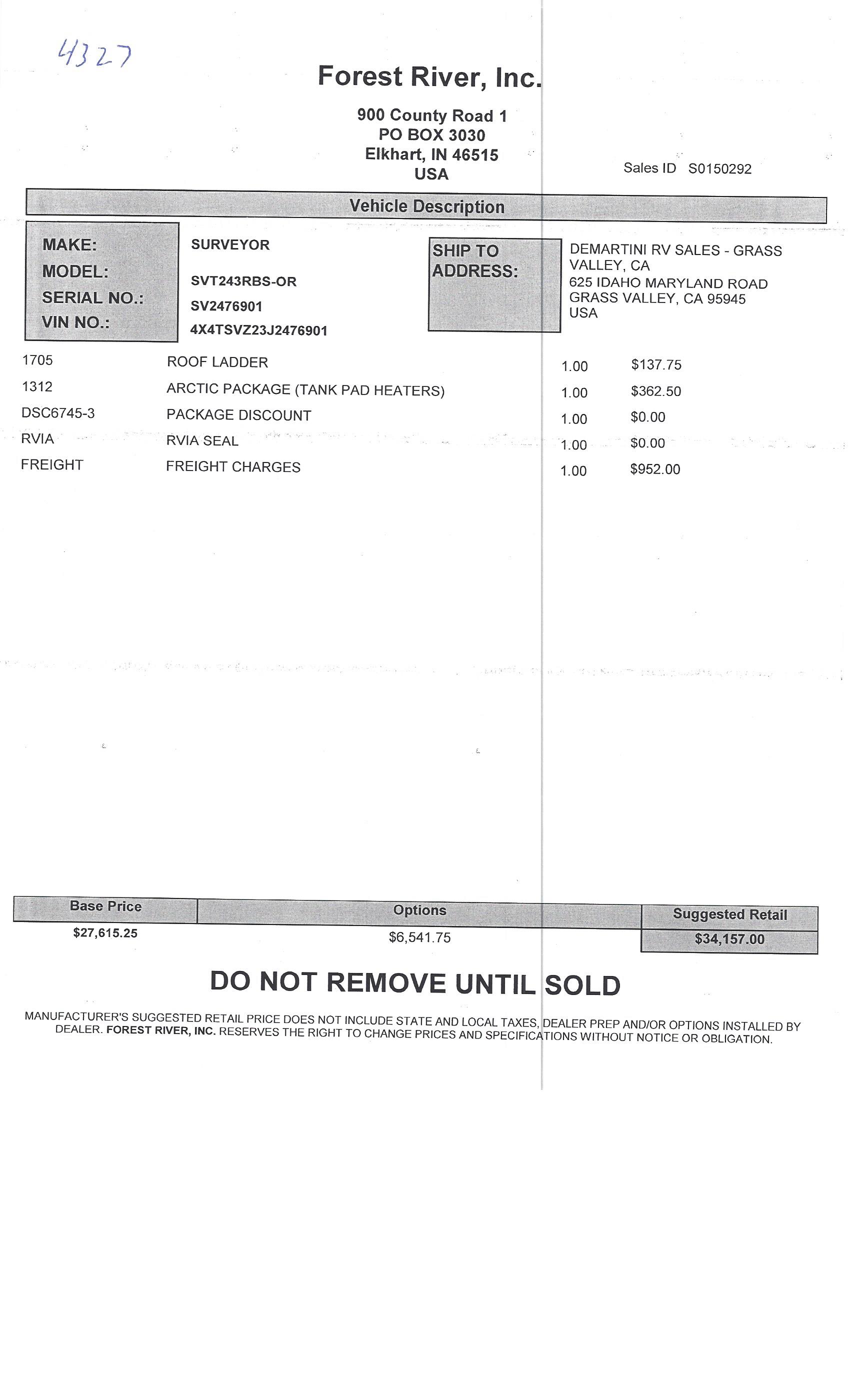 2018 Forest River Surveyor 243RBS MSRP Sheet