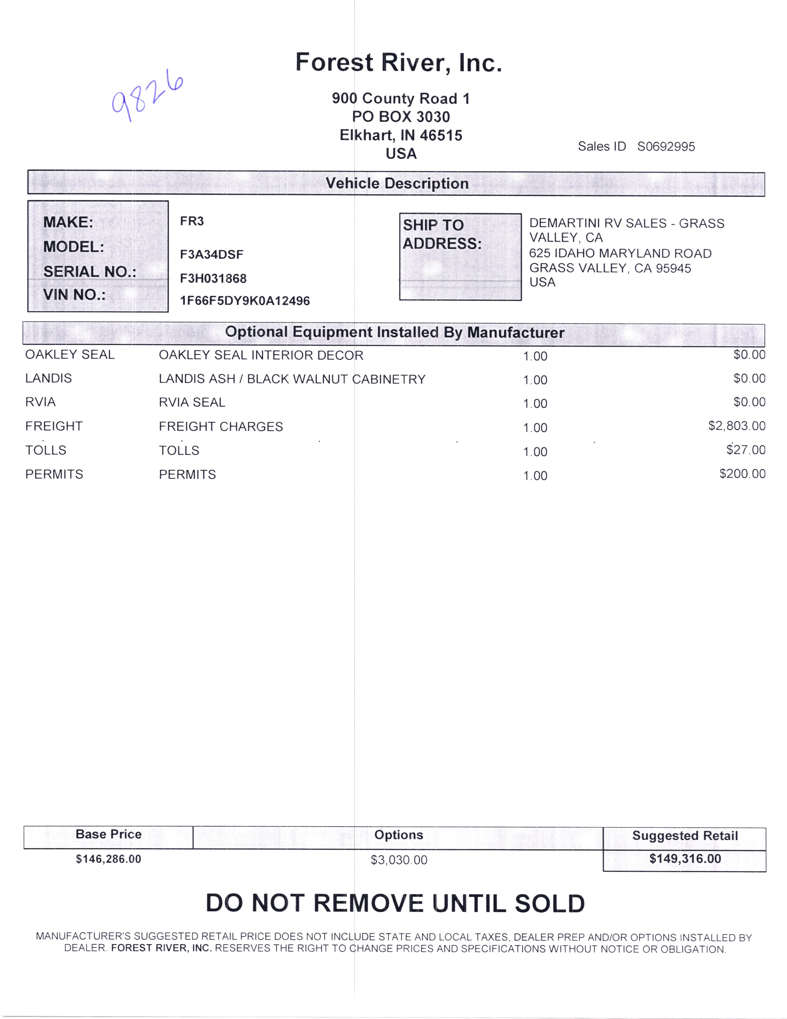 2020 Forest River FR3 34DS MSRP Sheet