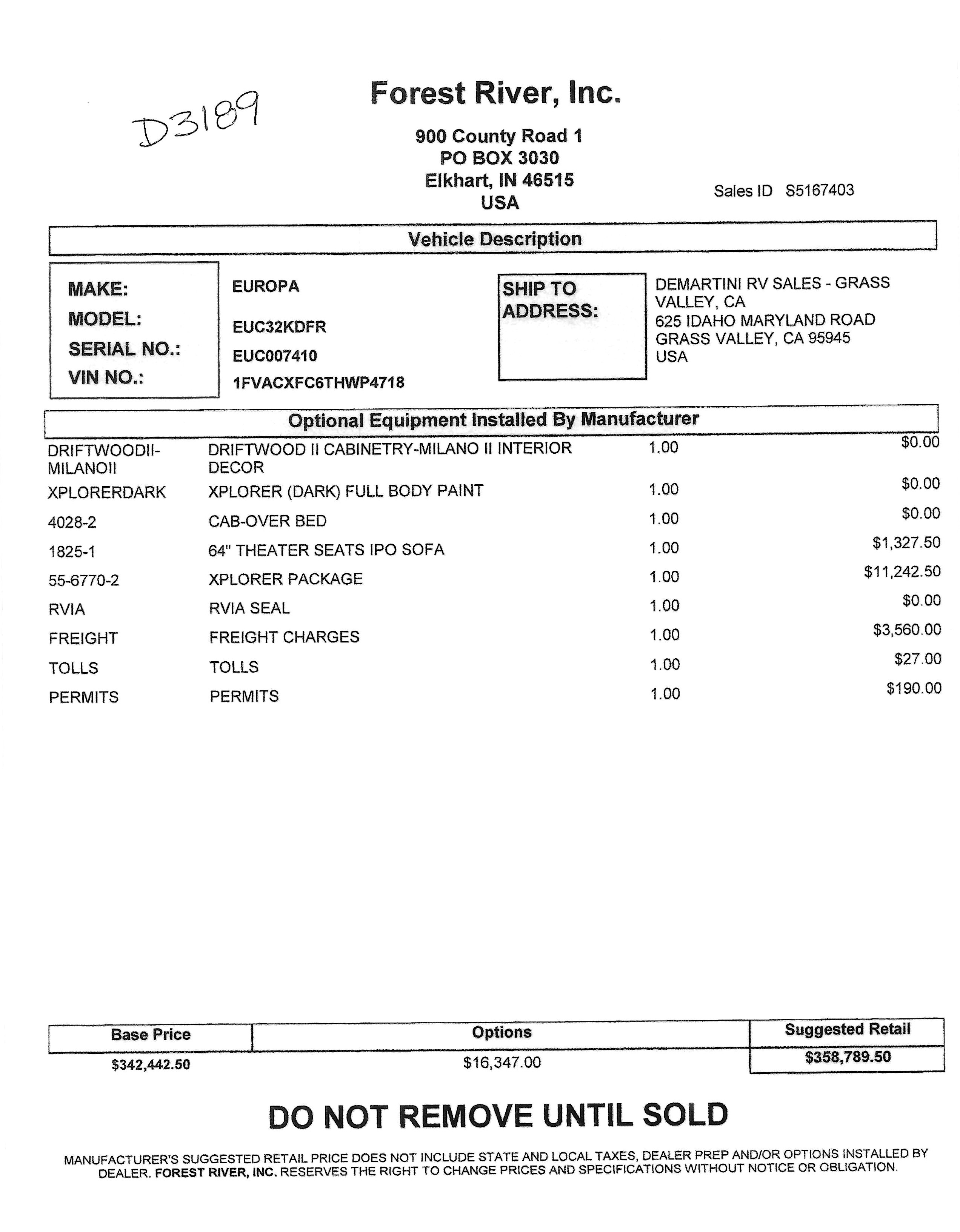 2016 Newmar Dutch Star 4002 MSRP Sheet