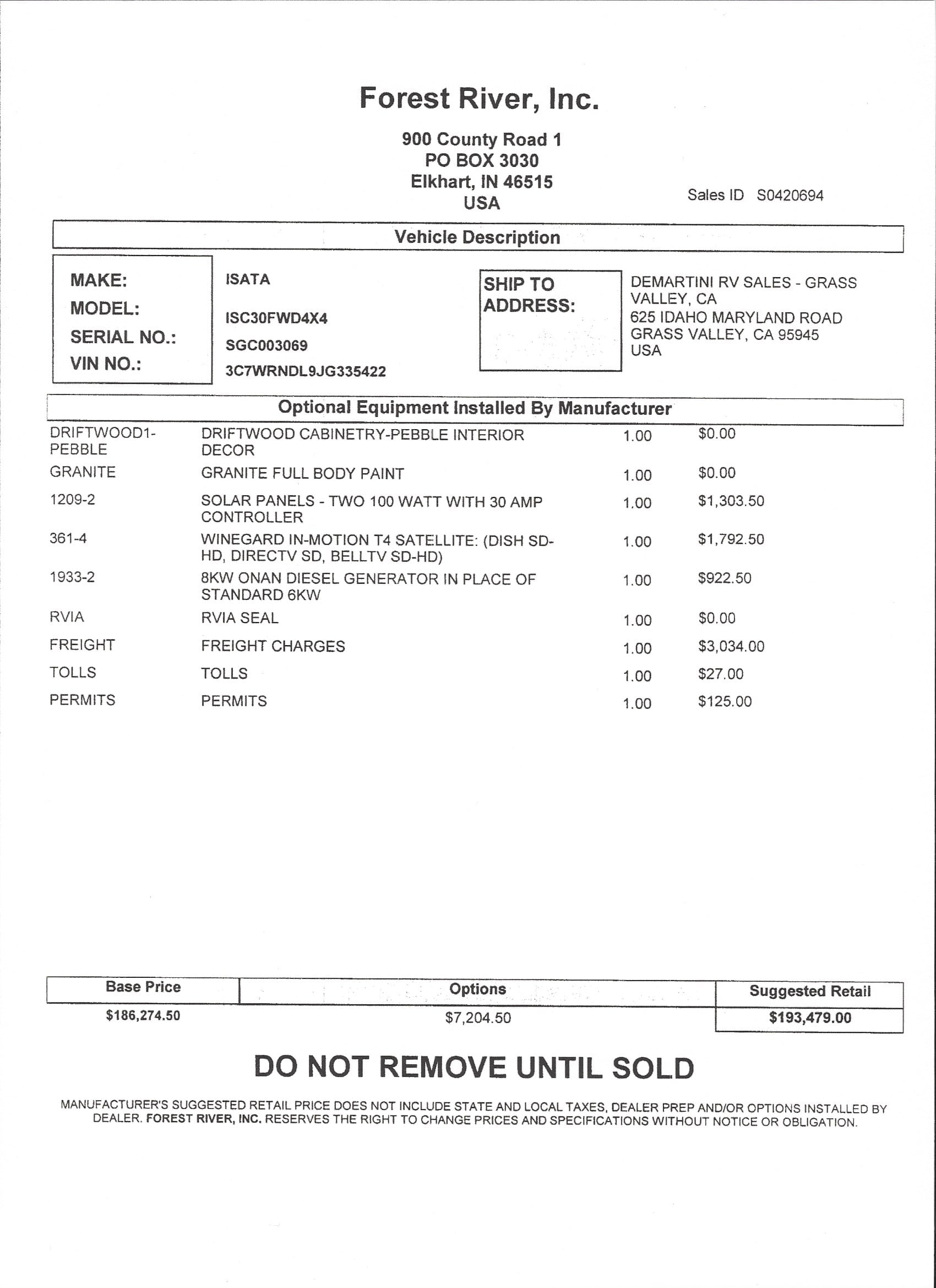 2019 Dynamax Isata 5 30FW 4x4 MSRP Sheet