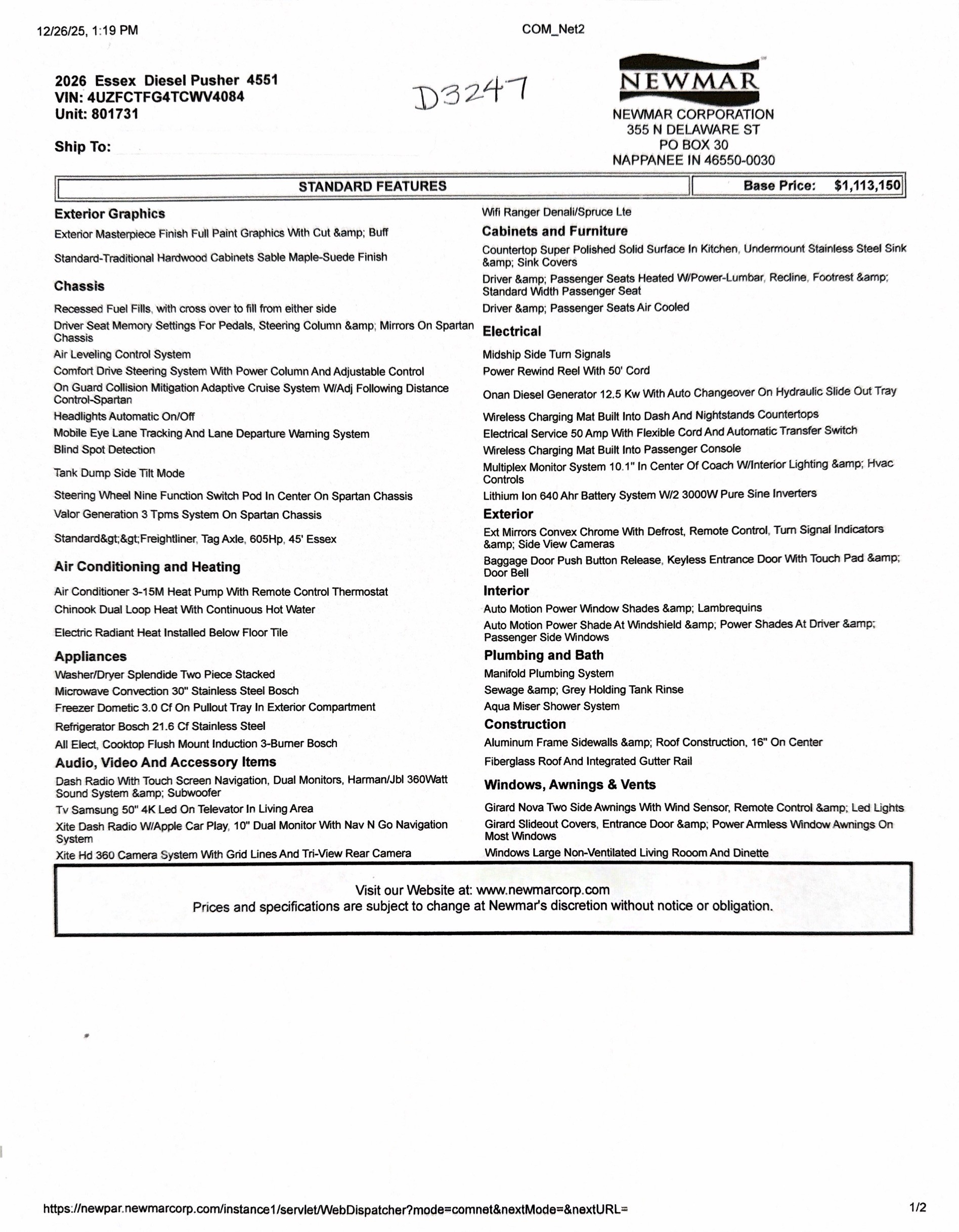 2026 Newmar Essex 4551 MSRP Sheet