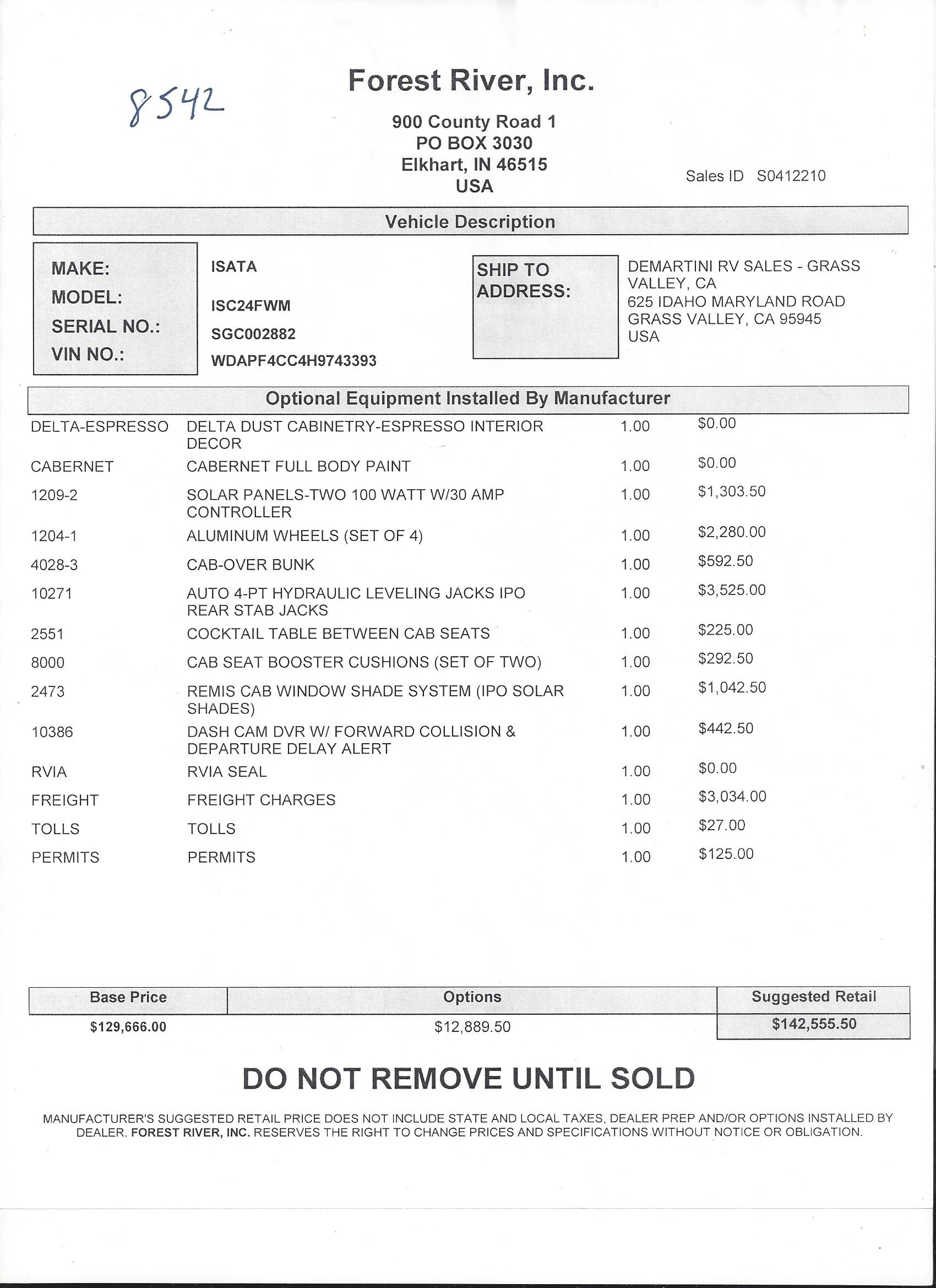 2019 Dynamax Isata 3 24FW MSRP Sheet