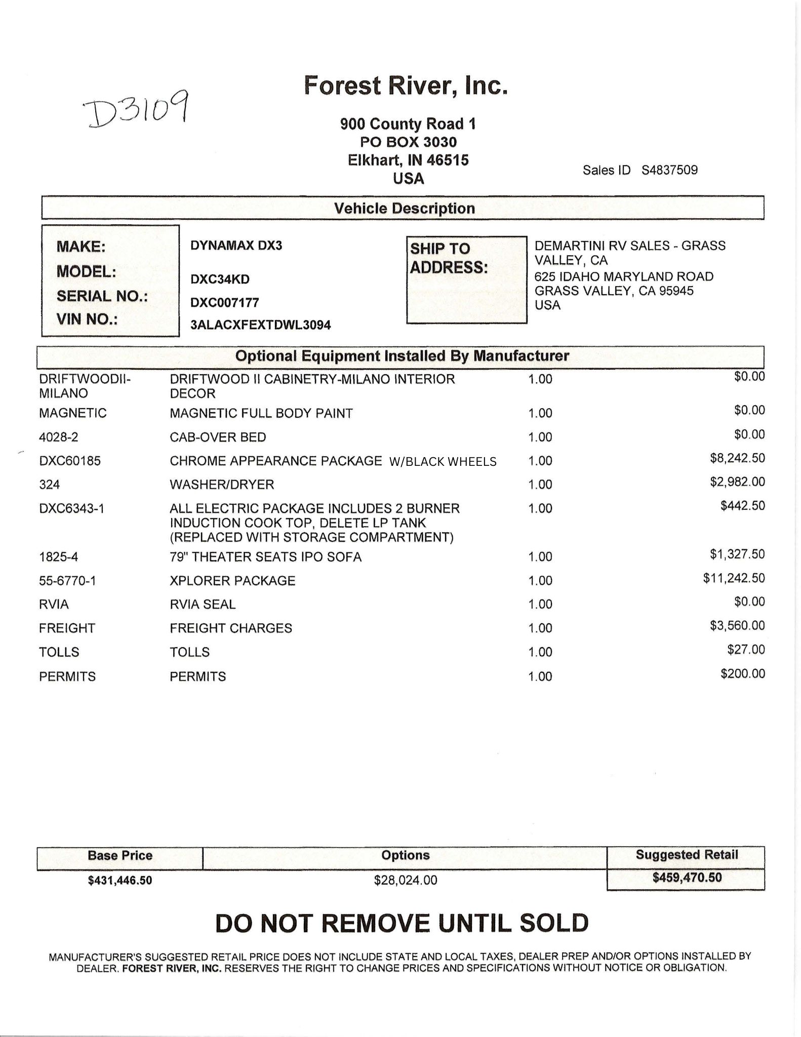 2026 Dynamax DX3 34KD MSRP Sheet