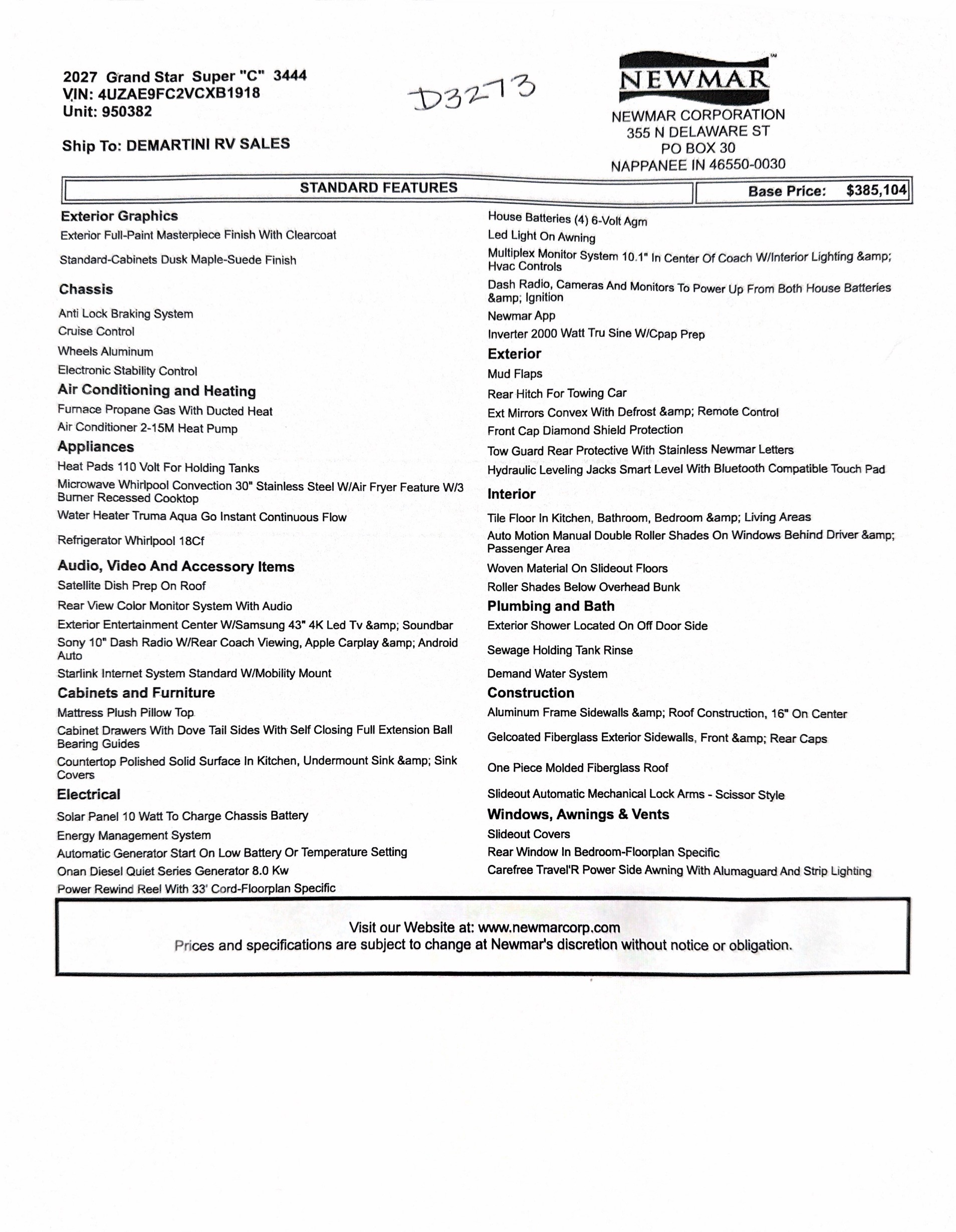 2027 Newmar Grand Star 3444 MSRP Sheet