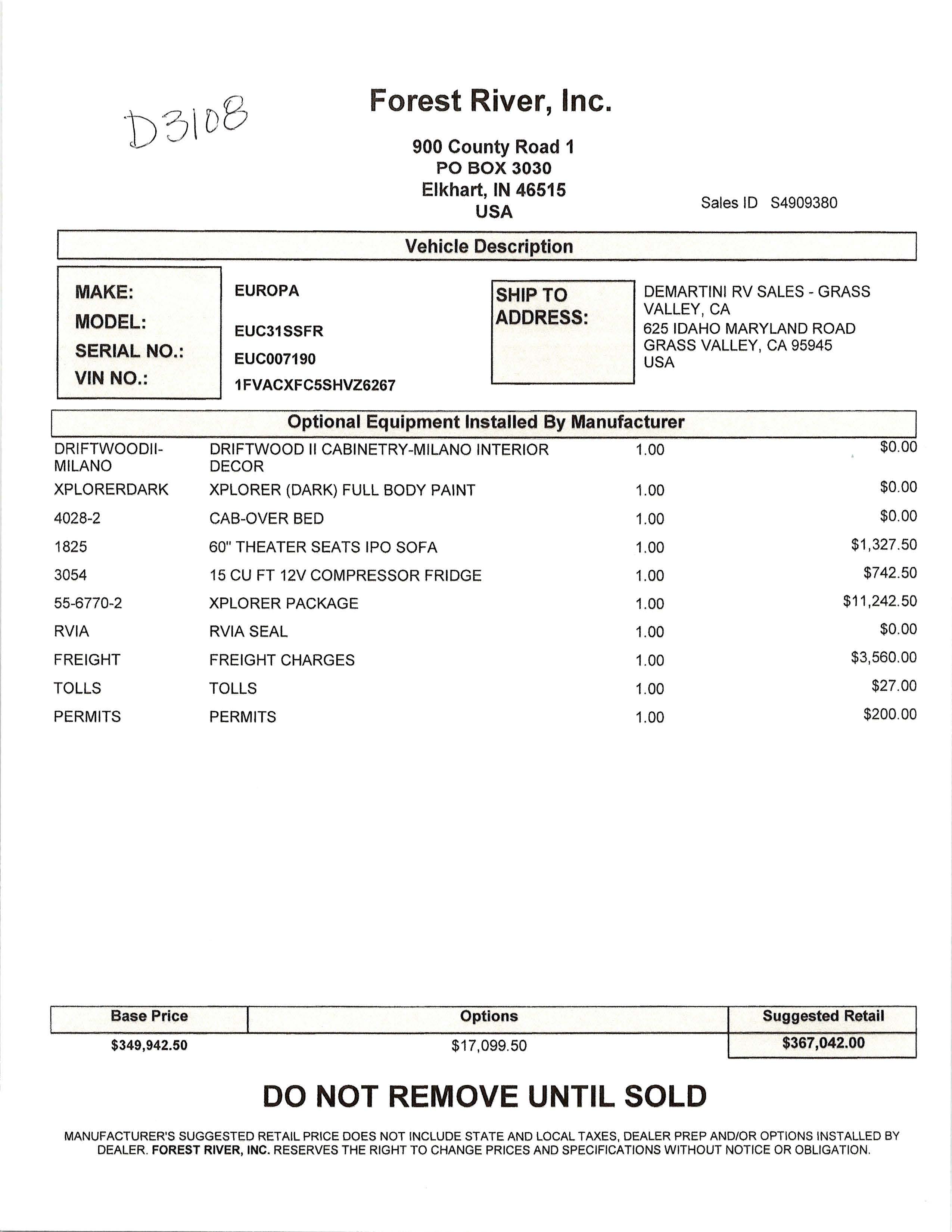 2026 Dynamax Europa 31SS MSRP Sheet