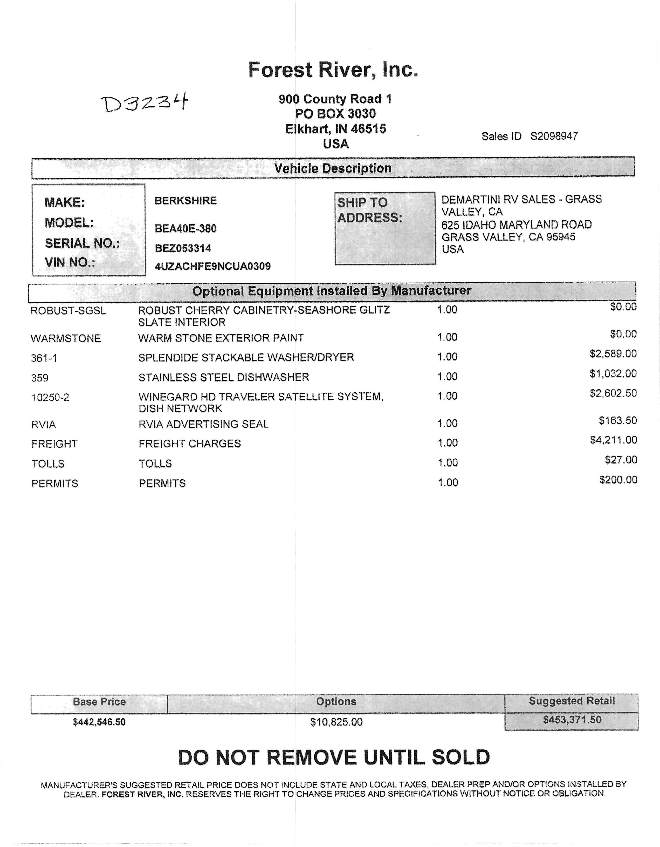 2022 Forest River Berkshire XL 40E MSRP Sheet
