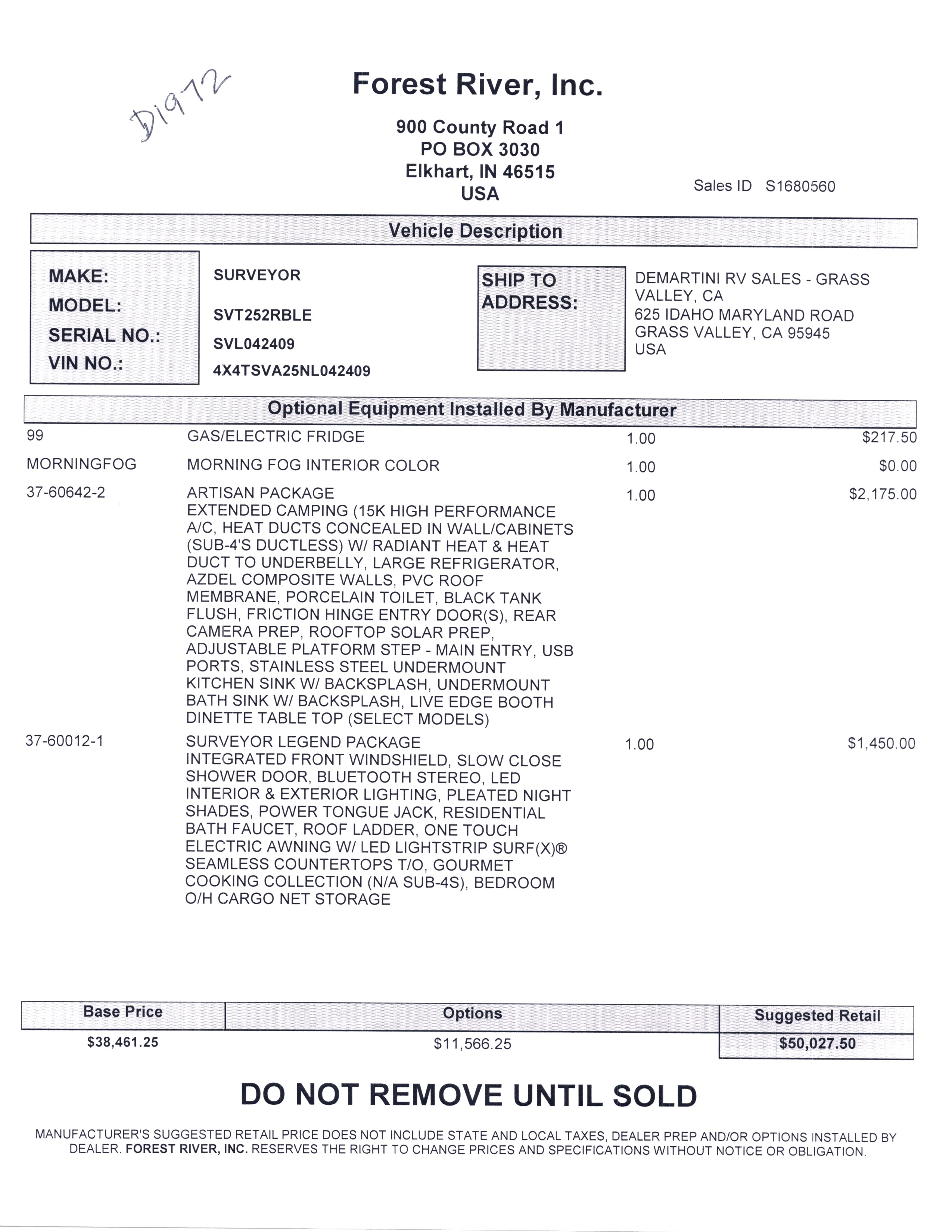 2022 Forest River Surveyor Legend 252RBLE MSRP Sheet