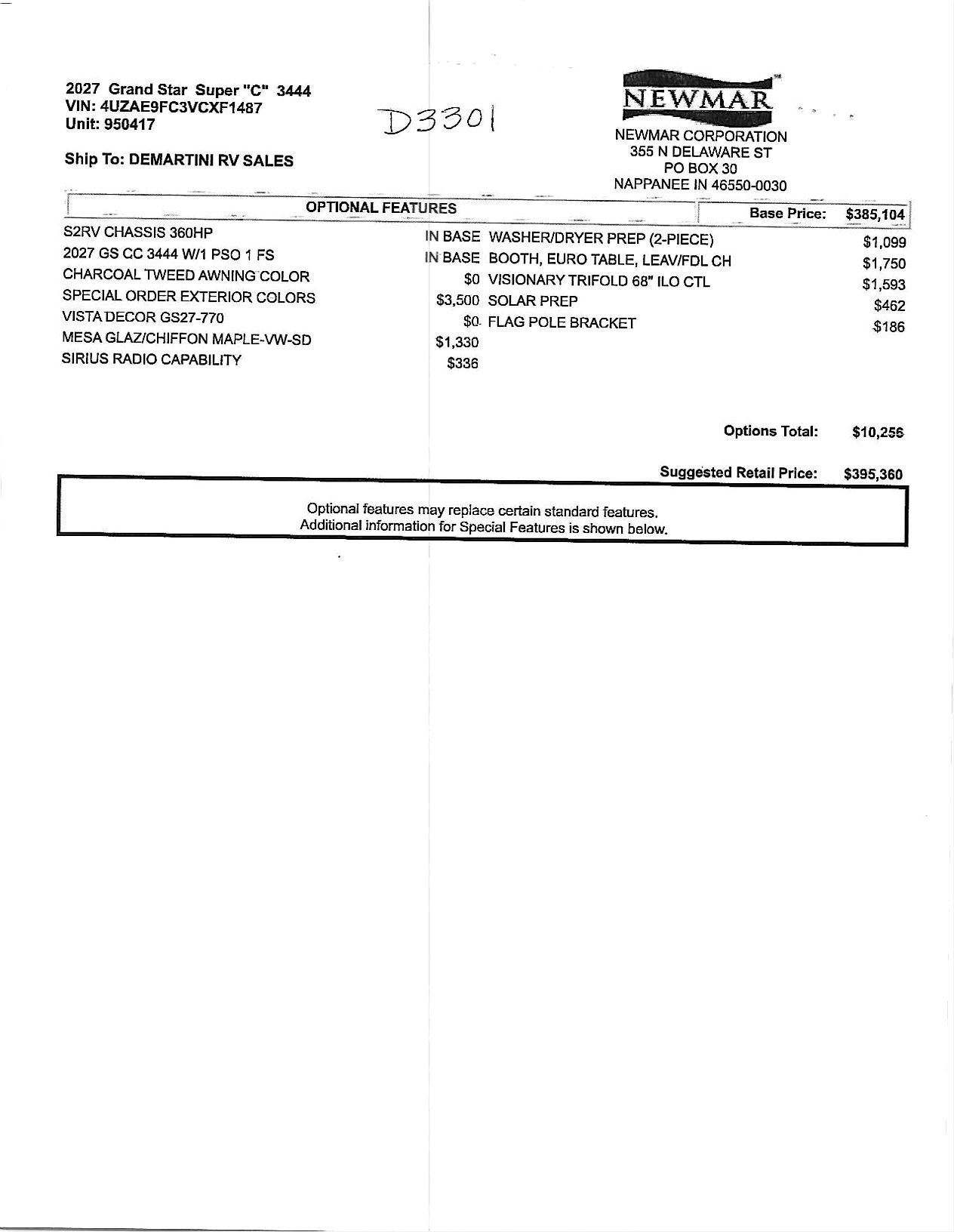 2027 Newmar Grand Star 3444 MSRP Sheet