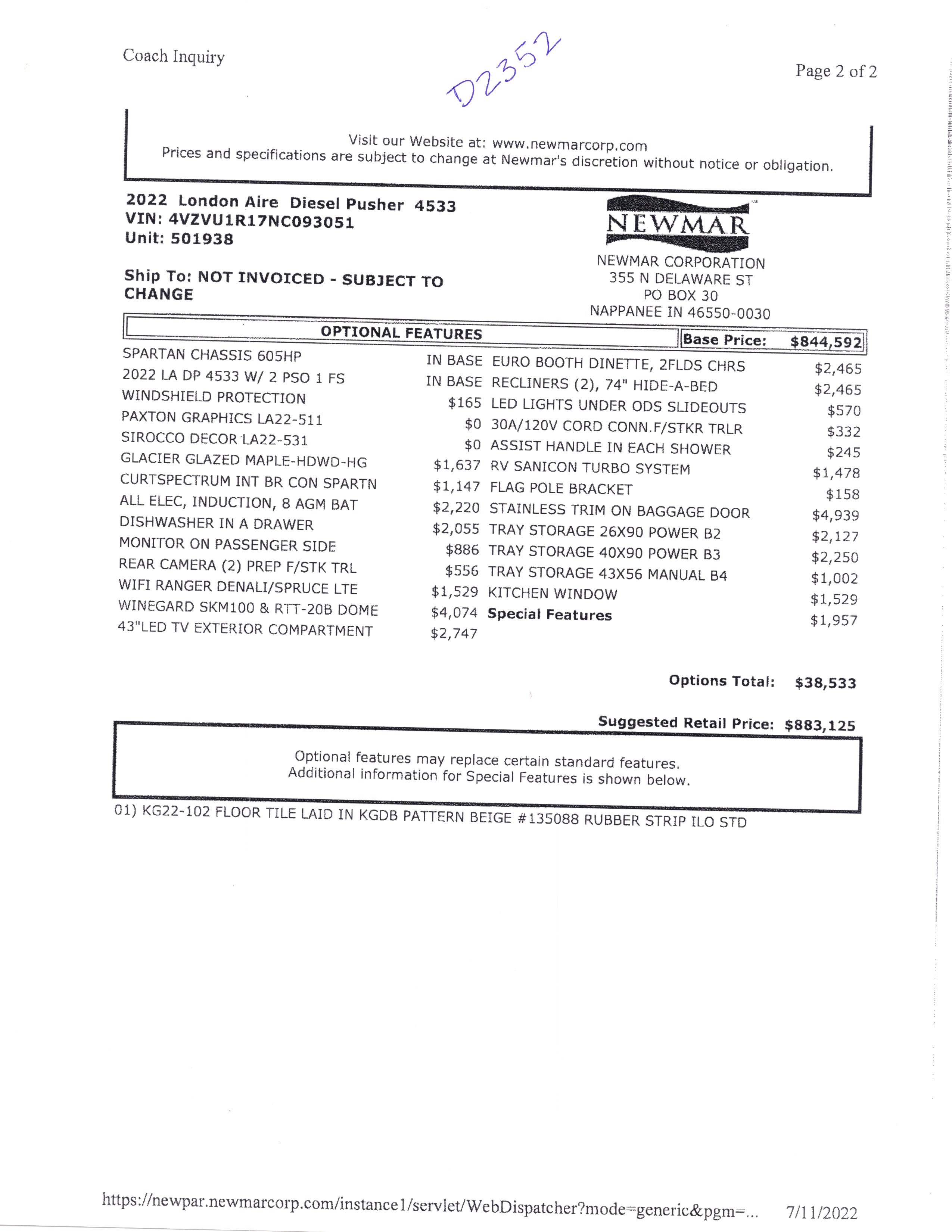 2022 Newmar London Aire 4533 MSRP Sheet