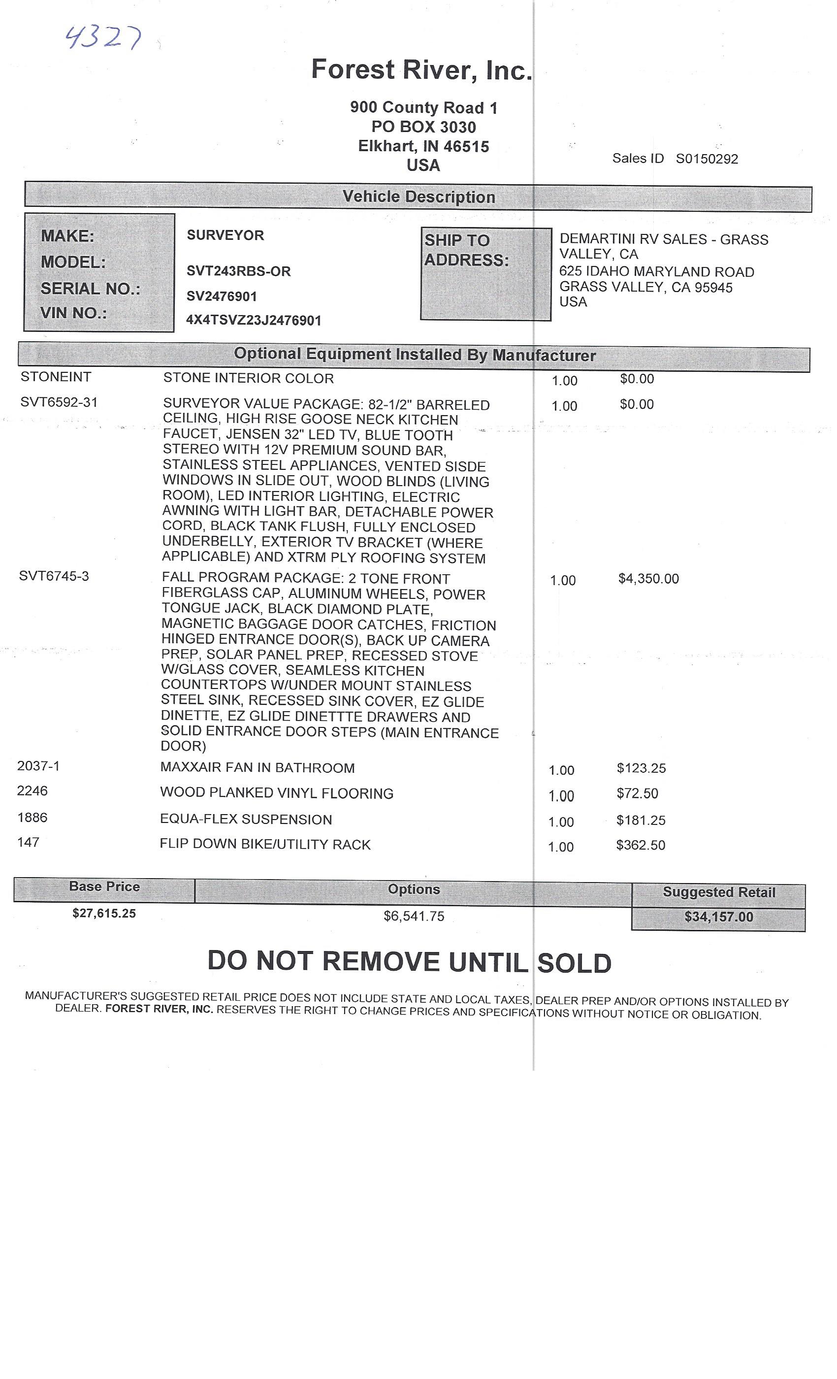 2018 Forest River Surveyor 243RBS MSRP Sheet
