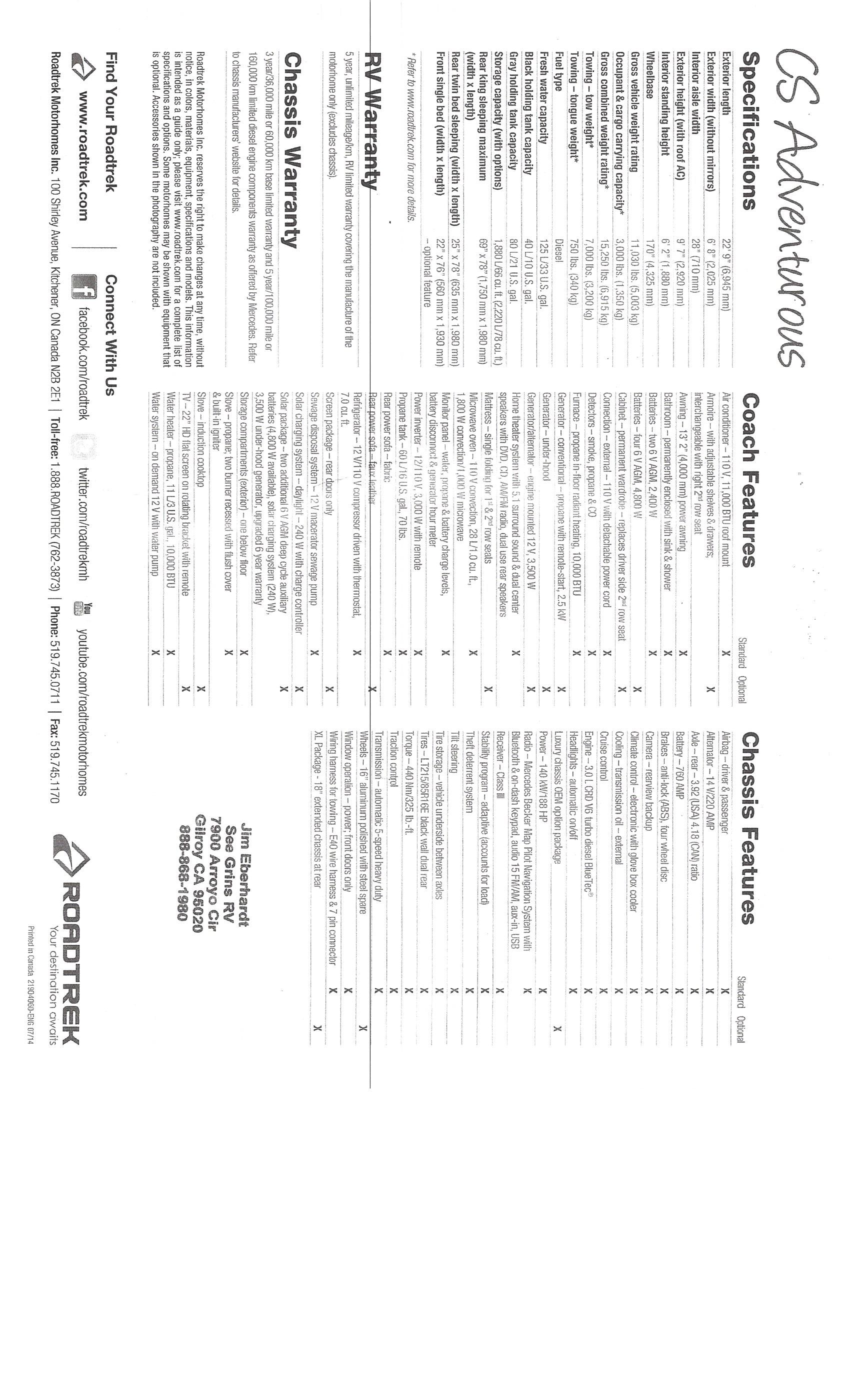 2015 Roadtrek CS Adventurous 24 MSRP Sheet