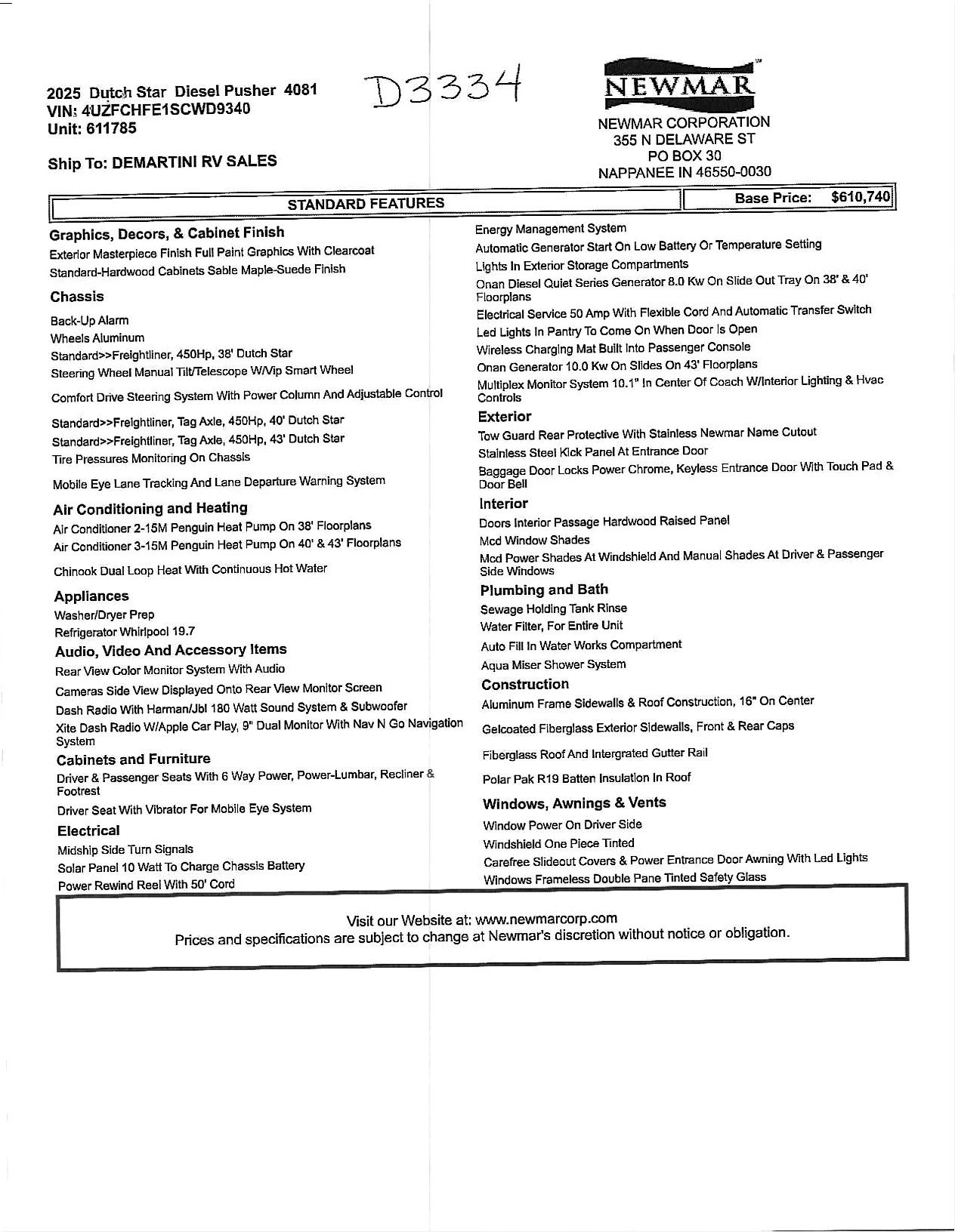 2025 Newmar Dutch Star 4081 MSRP Sheet