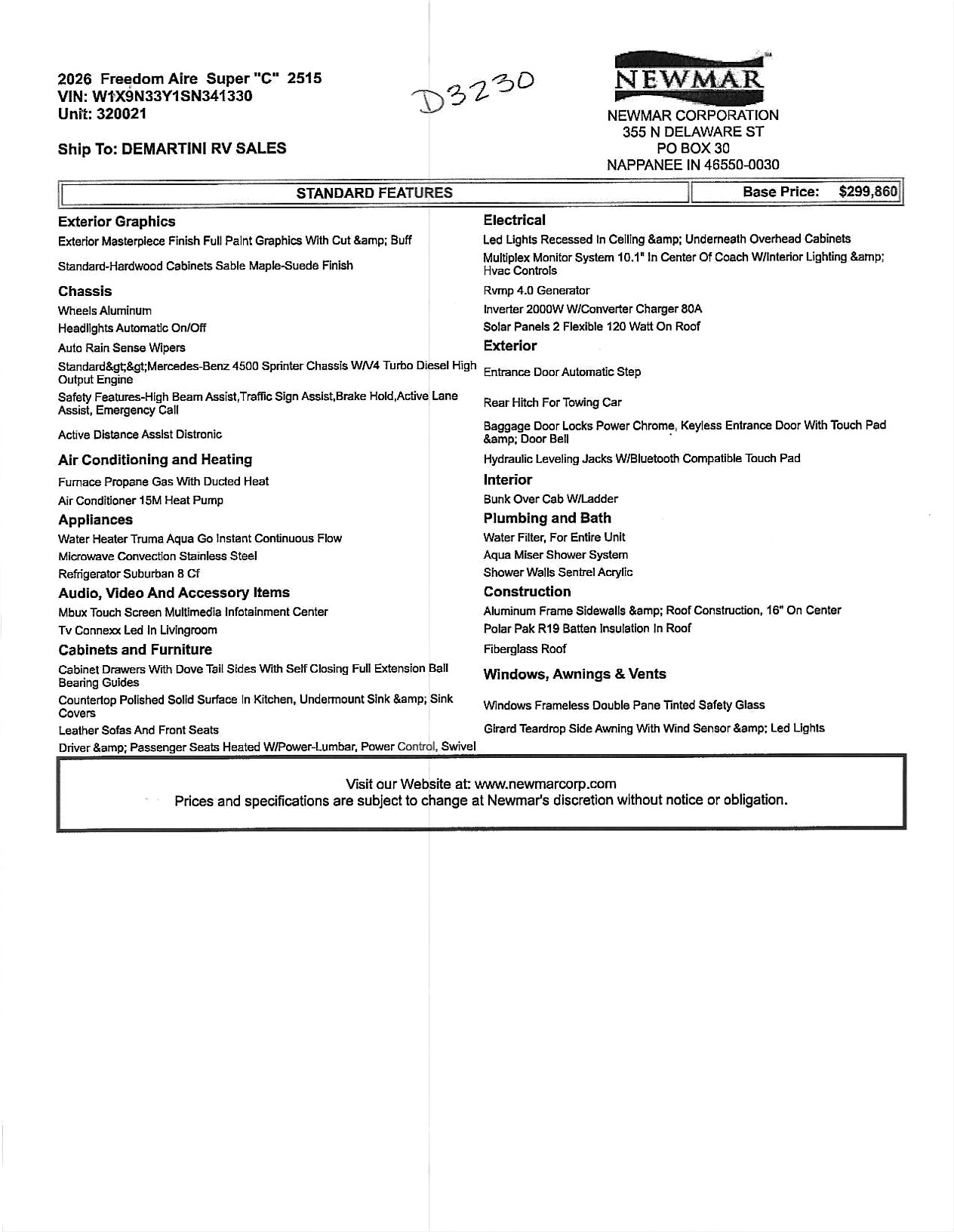 2026 Newmar Freedom Aire 2515 MSRP Sheet