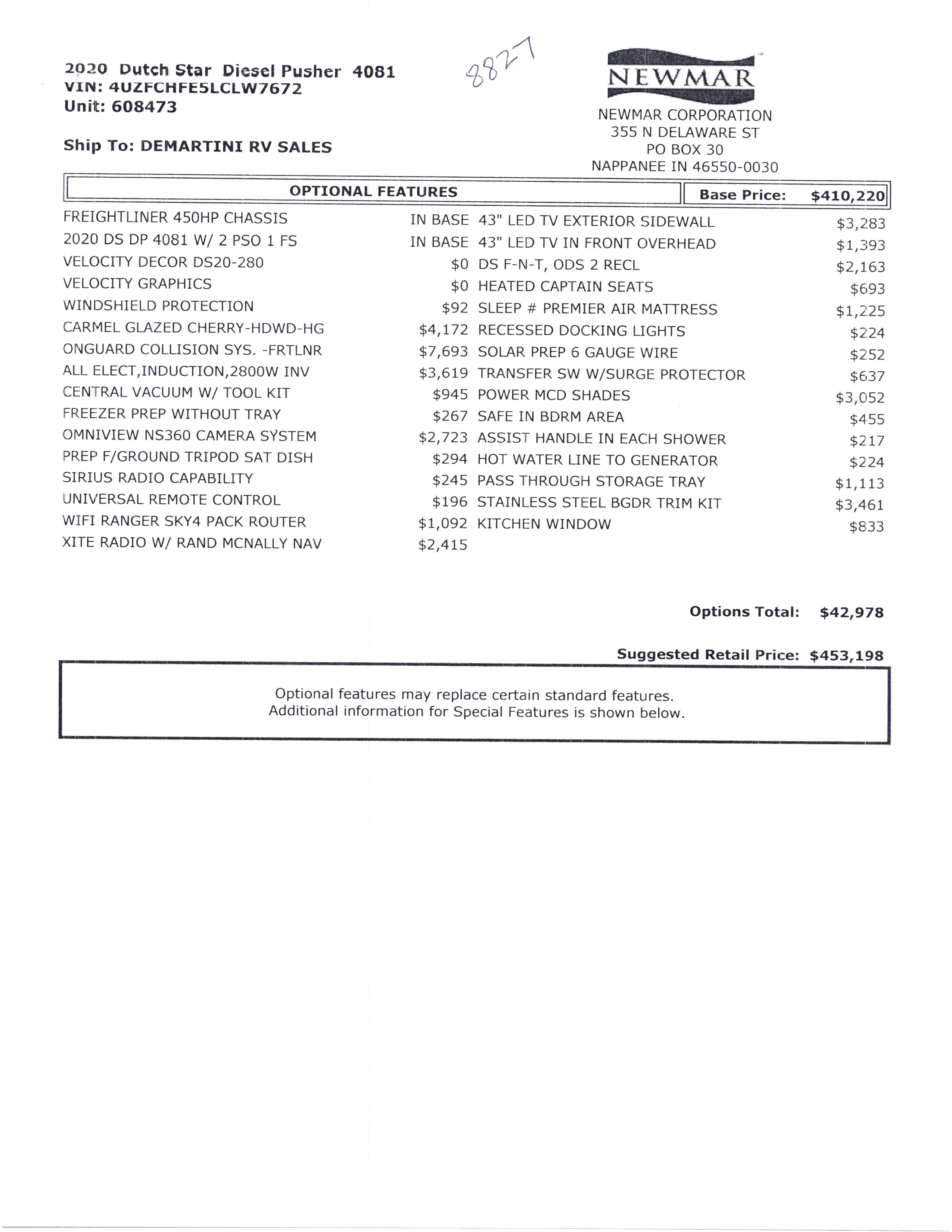 2020 Newmar Dutch Star 4081 MSRP Sheet
