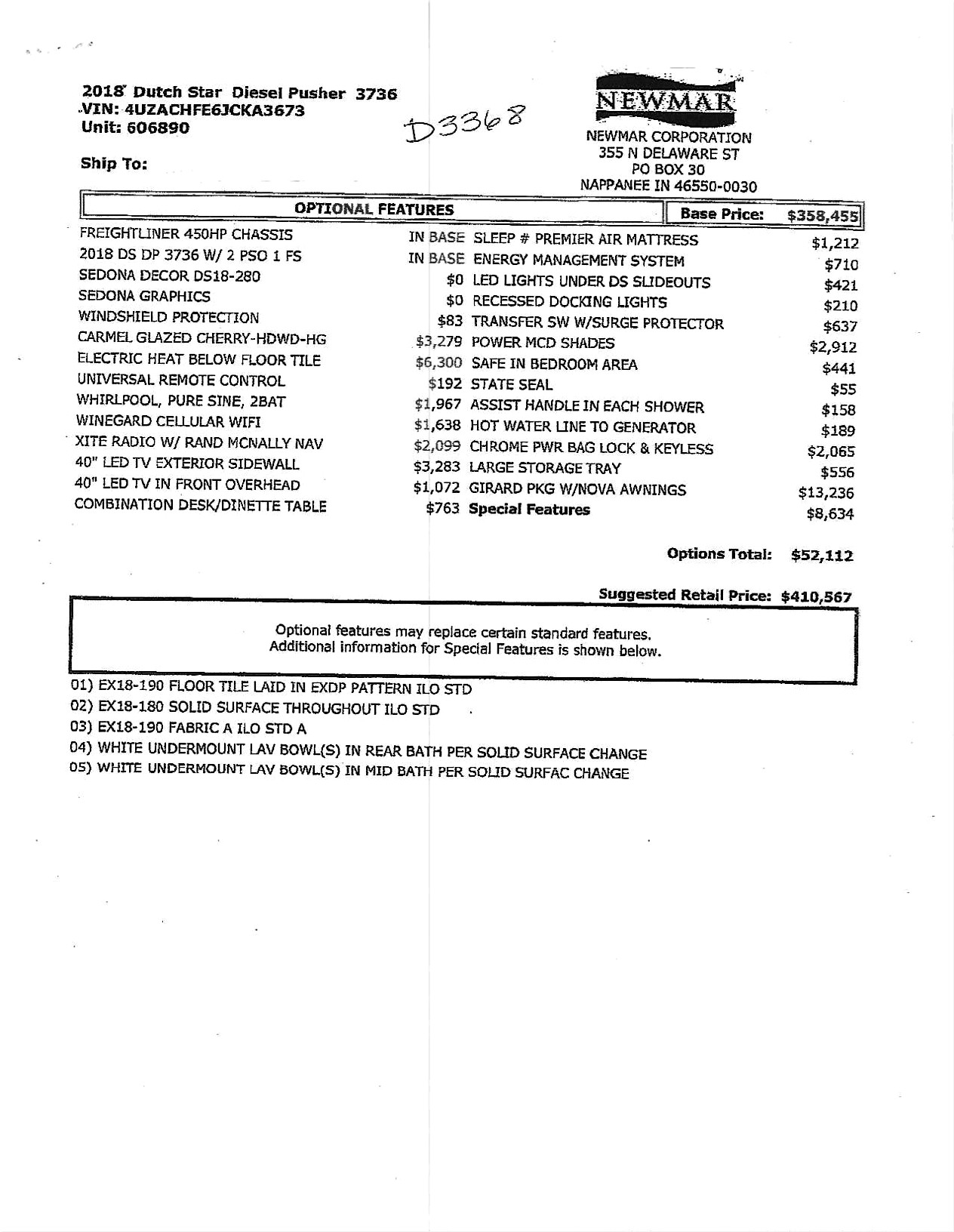 2018 Newmar Dutch Star 3736 MSRP Sheet