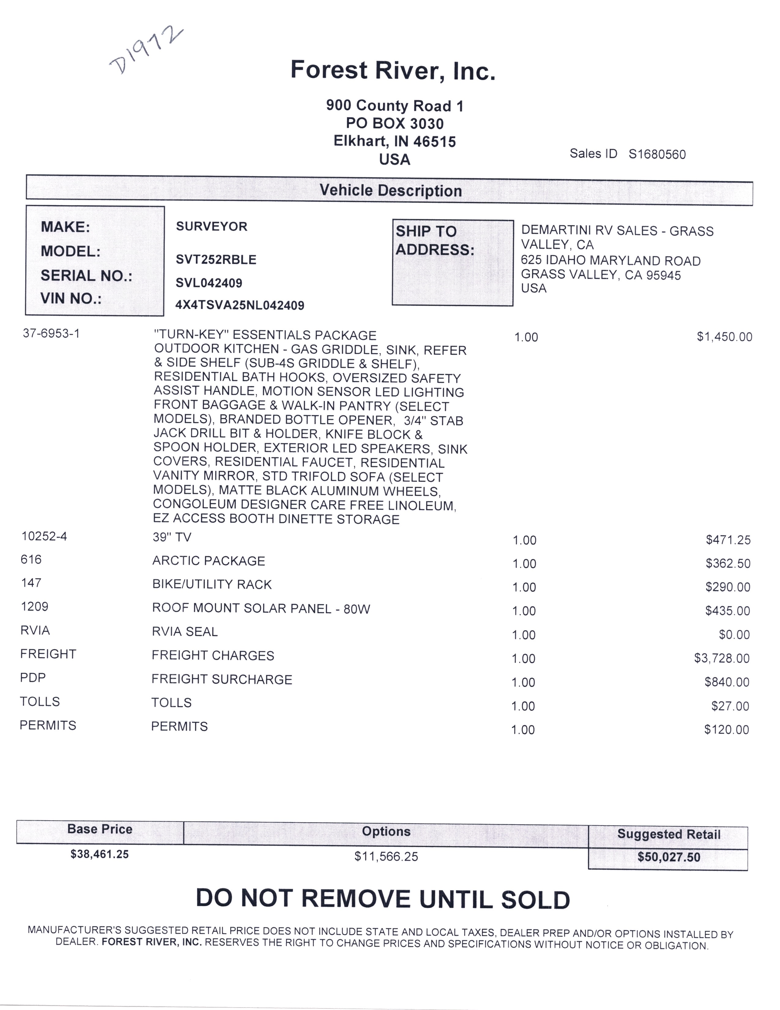 2022 Forest River Surveyor Legend 252RBLE MSRP Sheet