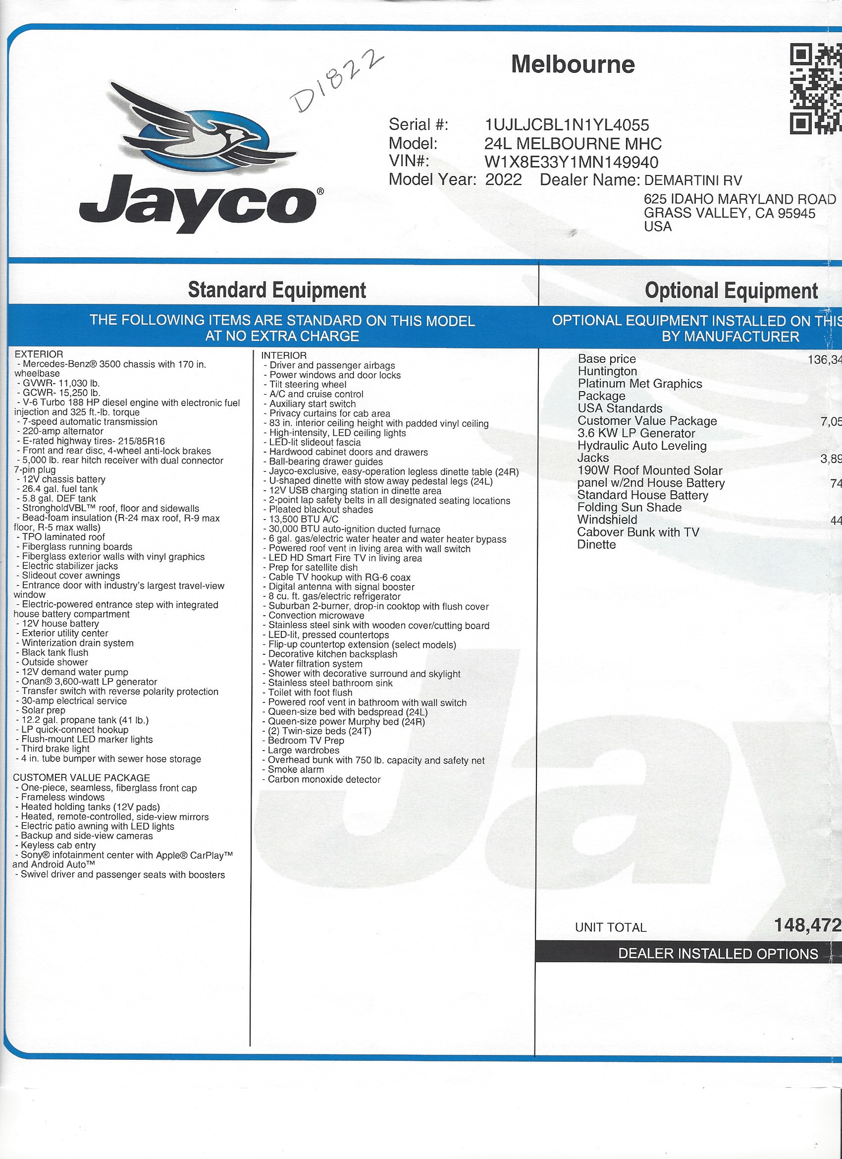 2022 Jayco Melbourne 24L MSRP Sheet